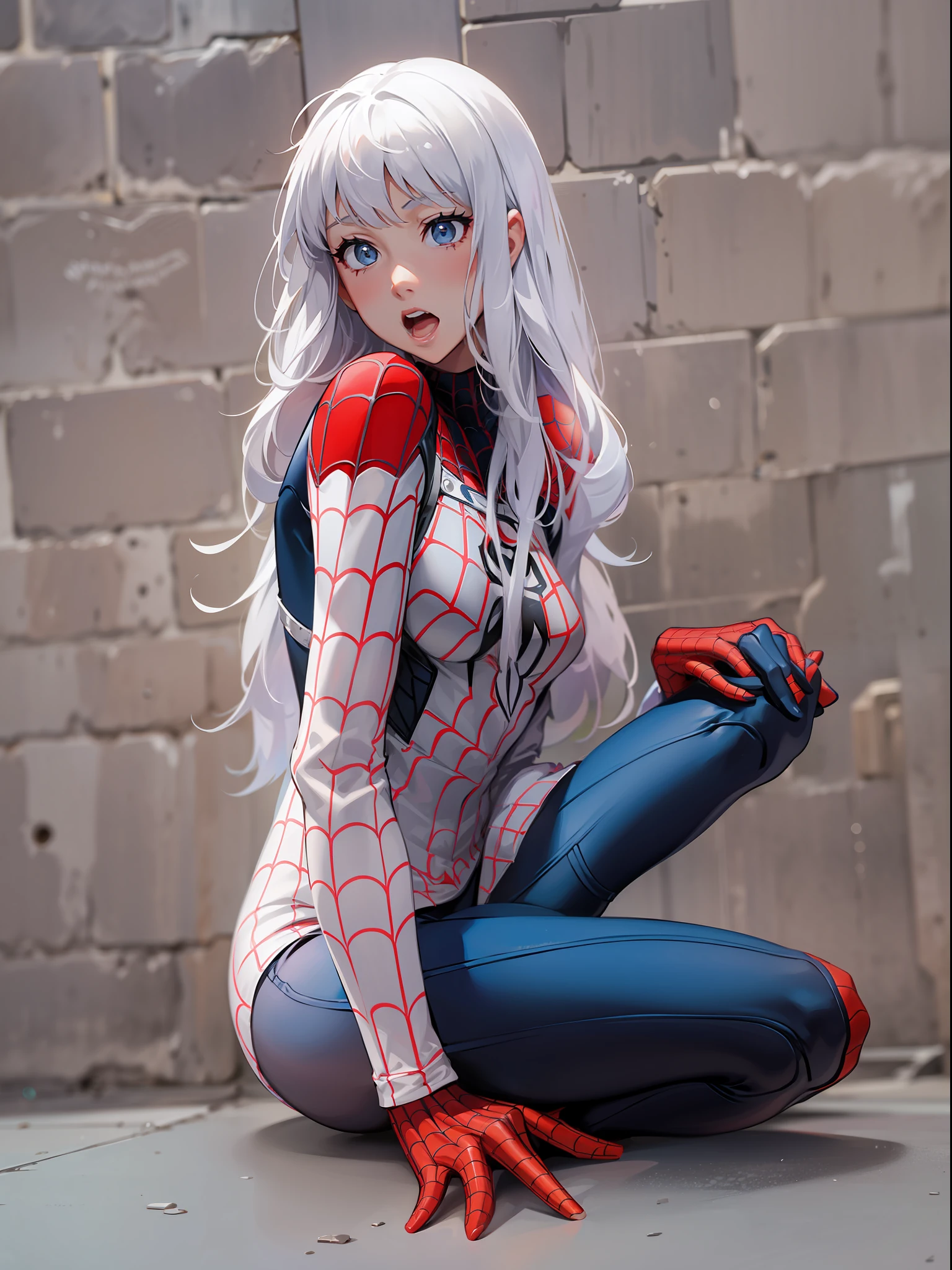 The female version of Spider-Man，Sexy tights，The head is completely enclosed，without showing face，Cross your hands at the waist，Spread your feet
