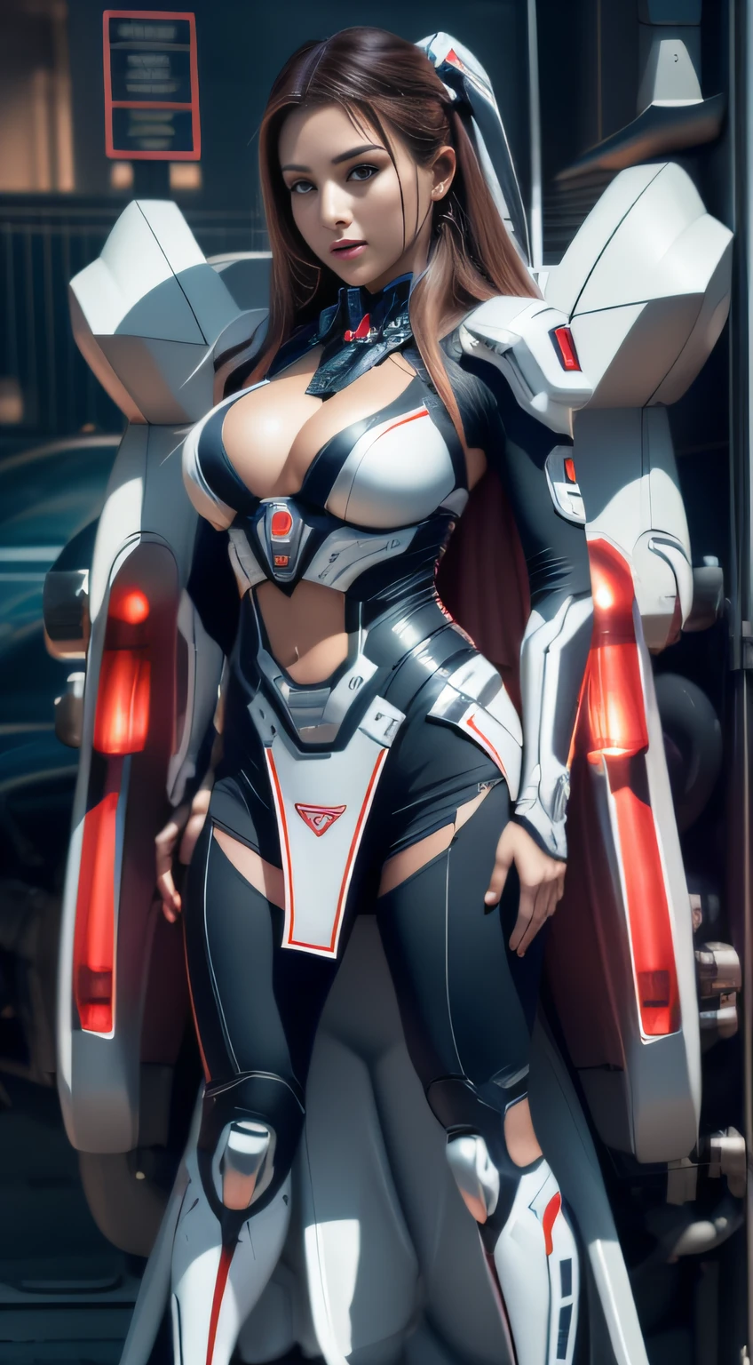 Highest image quality，Outstanding details，超高分辨率，（Fidelity：1.4）, Favor the details，closeup cleavage，The background is a celestial starlight scene with a spaceship, He has a delicate and beautiful face，（（Blue-white semi-mechanical body：1.8）），High-tech mecha weapons, Raised sexy，frontage，cyber punk perssonage，Futuristic，mechanically aesthetic，Virtual Engine 5，Perfect detail rendering，rendering by octane，hyper HD