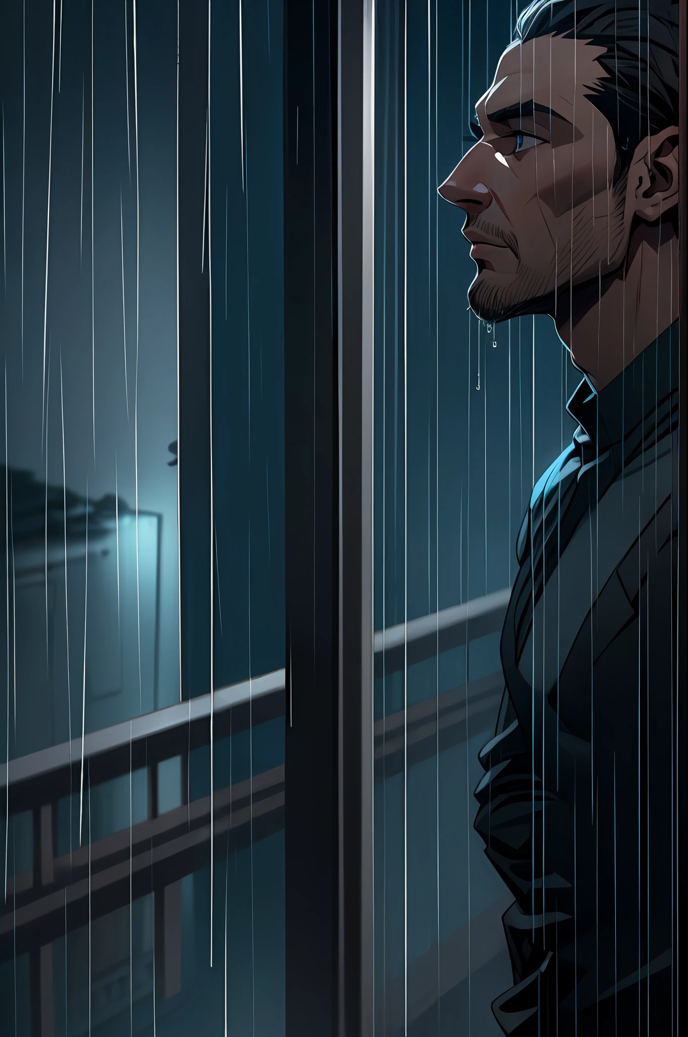 tall male, standing in the balcony, enjoying the rain, dark surrounding, dim lighting