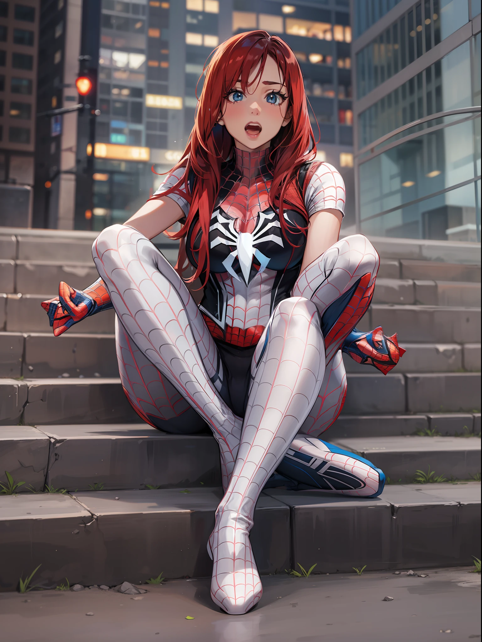 The female version of Spider-Man，Sexy tights，The head is completely enclosed，without showing face，Cross your hands at the waist，Spread your feet