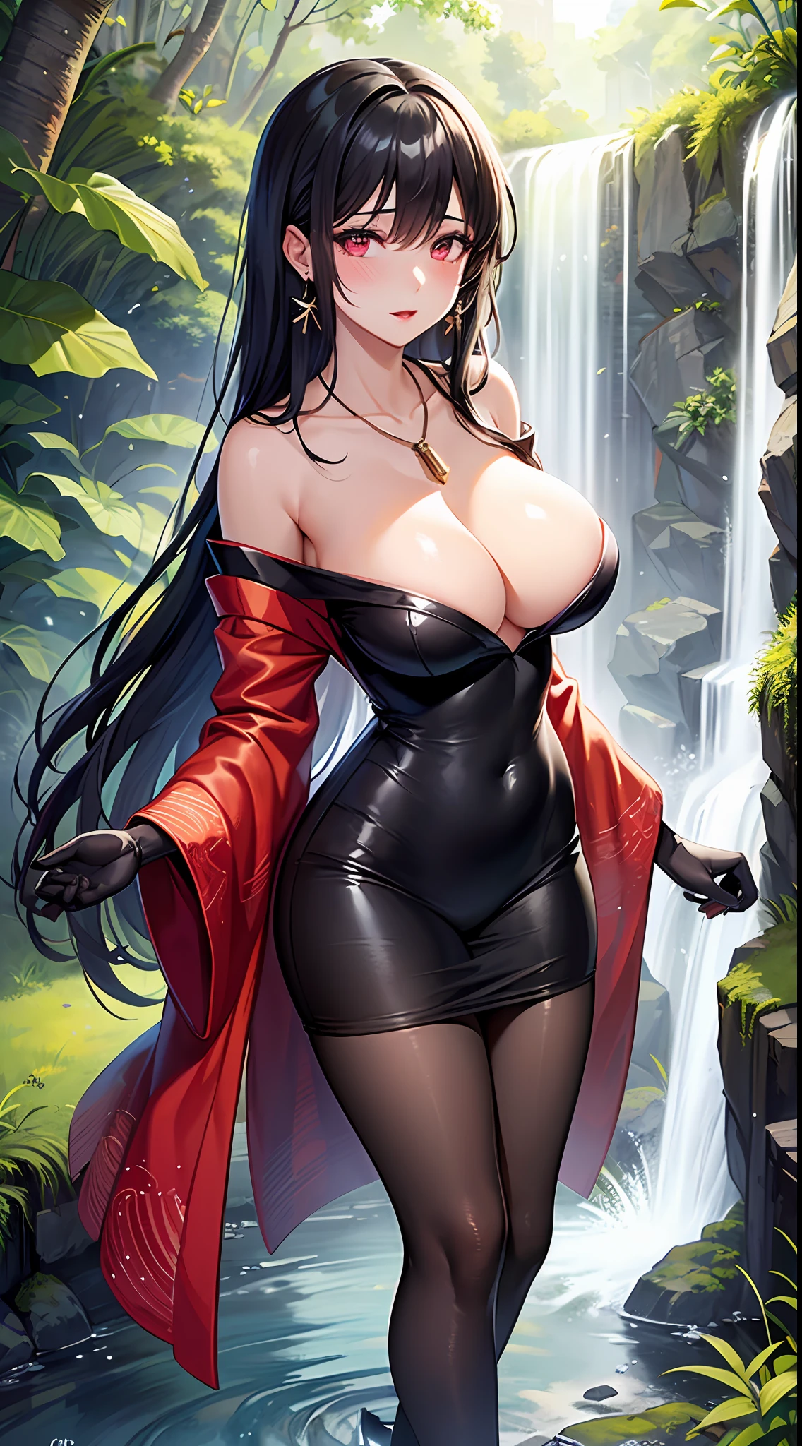 1girl, (solo:1.2), (half body shot:1.2), (Beautiful and detailed eyes description), (Beautiful and detailed face), Perfect female body, neat figure, slender waist, (young girl), (25 years old), long hair, red and black mix hair, very big eyes, glowing red eyes, large breasts, blush, wondering, lipstick, makeup,
demon, (tight clothes, sexy kimono:1.2), (black gloves:1.2), (black pantyhose:1.2), high heels, necklace, earrings, beautiful nature surrounding by waterfall,
(best quality), (ultra detailed), (masterpiece), (highres), (original), (extremely detailed CG unity 8K wallpaper), character design, game cg, detailed manga illustration, single character