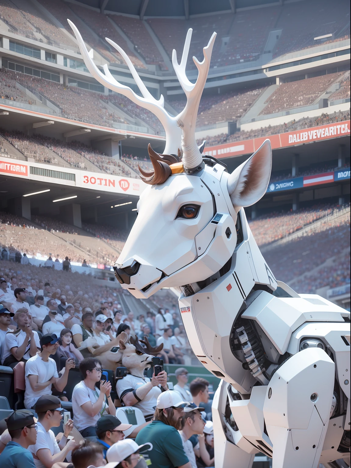 White robot deer, Displayed on the large screen of the stadium, Sporting events in progress, detail, Surreal, Third angle, wide angles, Panoramic defocus: