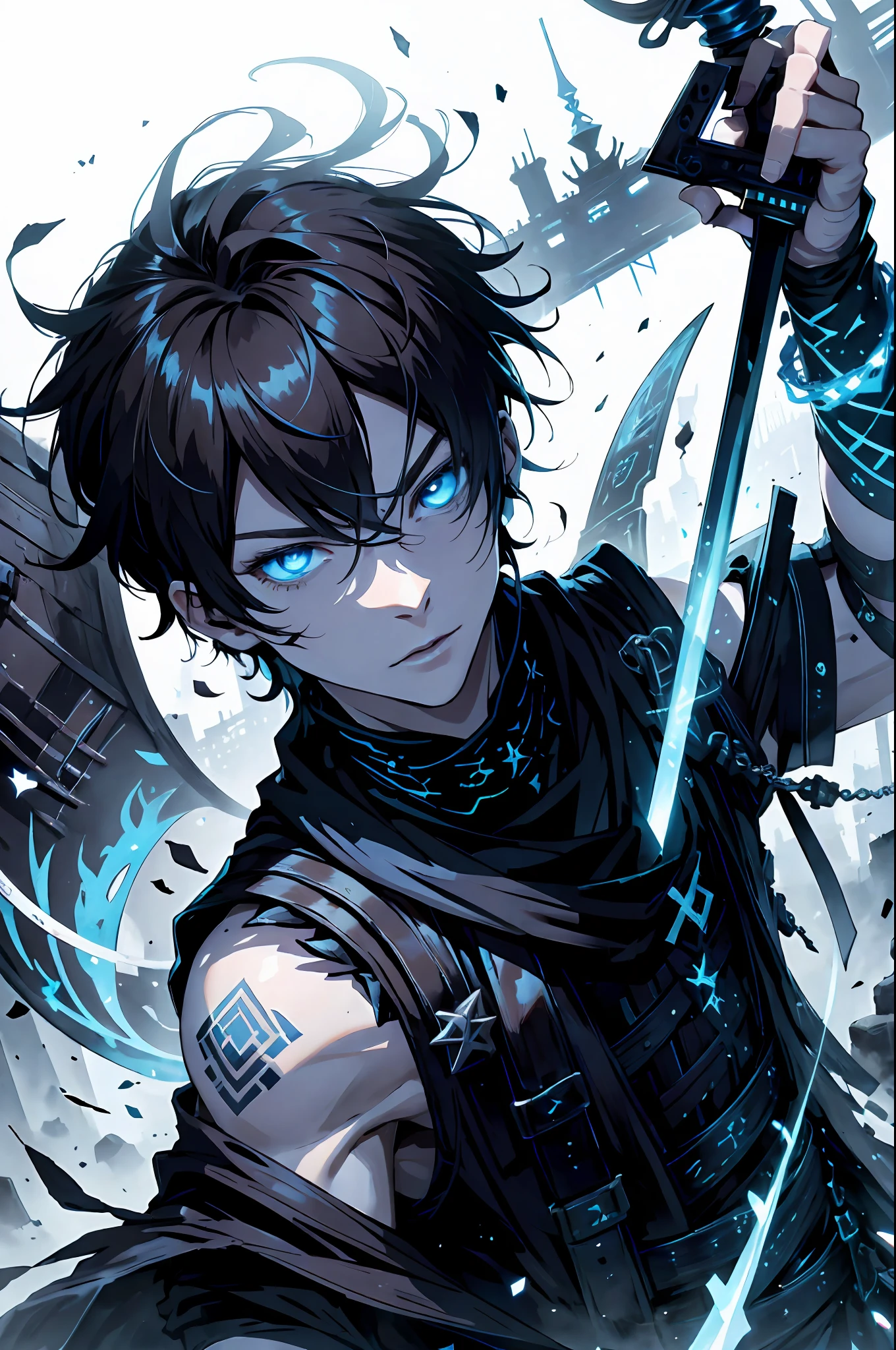 (absurdres, highres, ultra detailed), masterpiece, best quality, real light and shadow, solo, a boy with black hair, white sleeveless outfits, handsome, finely eye, detailed face, detailed eye, black scarf, two swords, dual-swords, a swords surround by blue flame, tattoo, from below, look down, ruined city, dark background, swirl, spark, cowboy shot, BREAK, blue eyes, BREAK, GlowingRunes_paleblue sword,