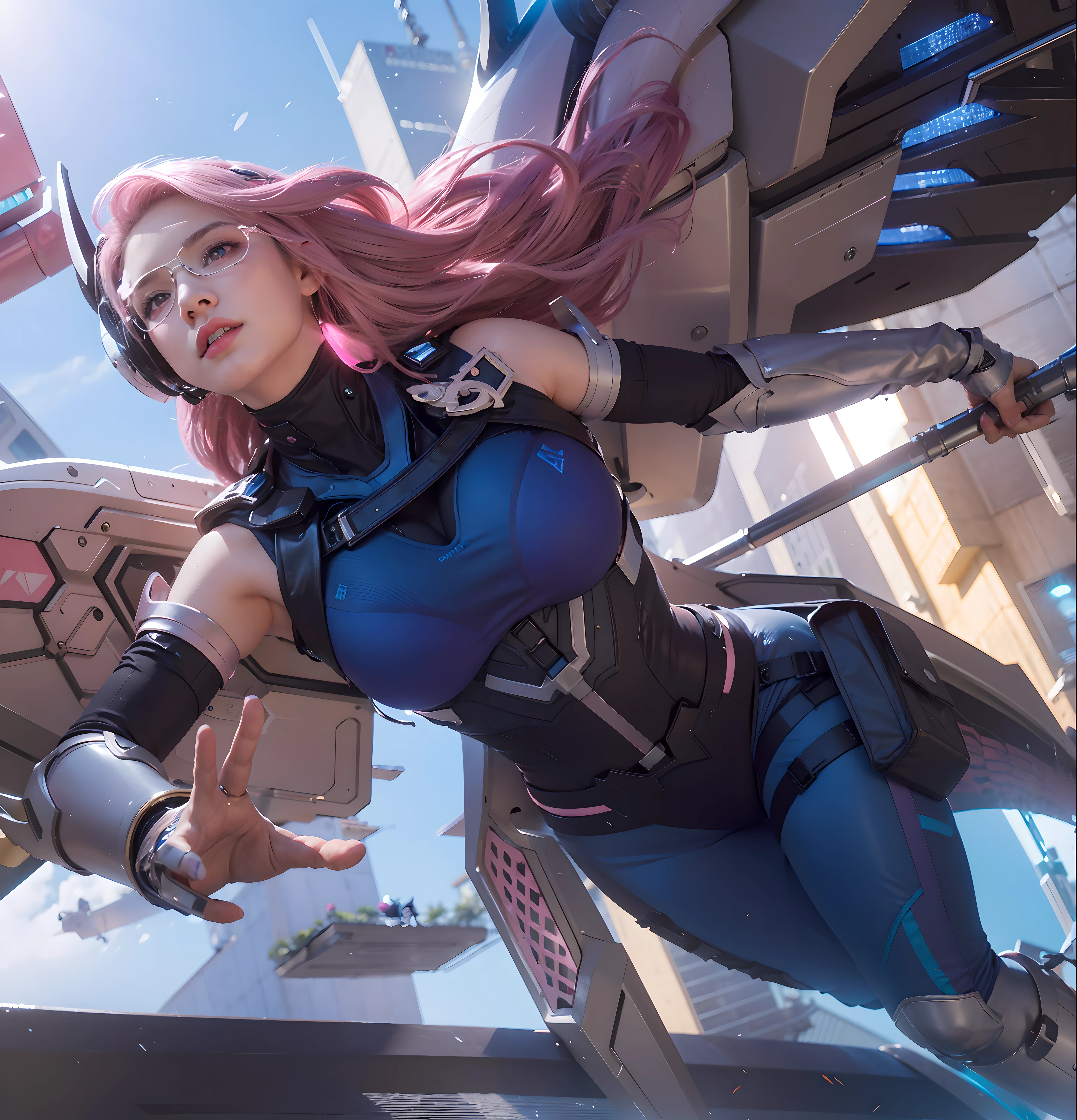 (female:1.2), 8k, ultra hd, ultra detailed texture, hyper realistic, masterpiece, detailed texture, detailed face, detailed skin, detailed lighting, (photorealistic:1.5), best quality, beautiful lighting, cinematic lighting, professional lighting, ultra highres, realistic, detailed hair, real hair, high quality, (realskin:1.5), extremely detailed, finely detail, ultra-detailed, 1girl, solo, goddess, flying, (pink eyes:1.5), mecha musume, pink lips, parted lips, nose, white skin, pretty, beautiful, make up, cute face, long hair, pink hair, futuristic glasses, large breasts, armpit, thighigh, bare shoulder, mechanical wings, official alternate costume, blue police uniform, sleeveless, taut clothes, iron legwear, iron knee protector, iron elbow gloves, metalic clothes, rafaela \(mobile legends\), holding, outstretched arm, depth of field, looking aways, from below, skin tight, amazing pose, outdoors, sunlight, glowing, blue sky, futuristic, flying car, blurry background