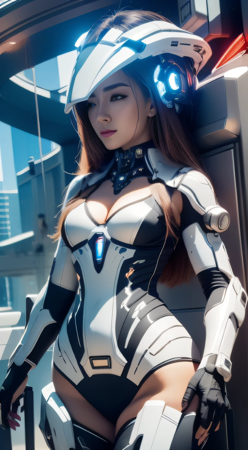 Highest image quality,Outstanding details,超高分辨率,(Fidelity:1.4), Favor the details,closeup cleavage,The background is a celestial starlight scene with a spaceship, He has a delicate and beautiful face,((Blue-white semi-mechanical body:1.8)),High-tech mecha weapons, Raised sexy,frontage,cyber punk perssonage,Futuristic,mechanically aesthetic,Virtual Engine 5,Perfect detail rendering,rendering by octane,hyper HD