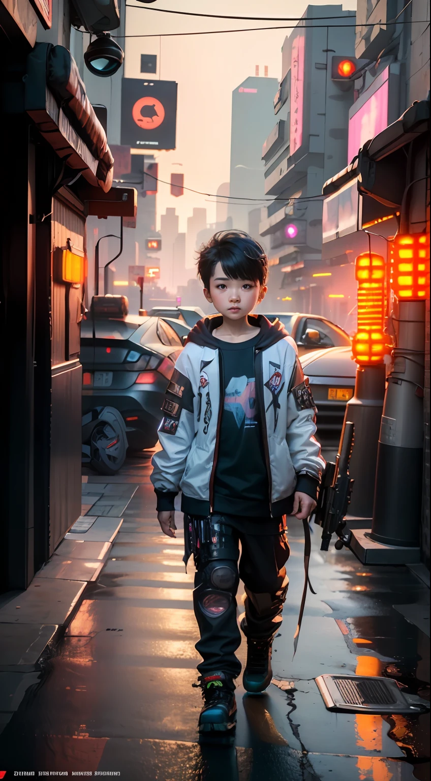 ((Best Quality)), ((Masterpiece)), (Highly Detailed:1.3), 3D, Little Boy, 12 years old, (cyberpunk:1.5), on the street, (holding_weapon:1.3), facing the audience, bright eyes, full body, glowing_eyes, mecha, panorama, f/1.4 lens, cyberpunk background, luminous sign, bokeh background, road, cars, cinematic lights, particles, Reality, HDR (High Dynamic Range), Ray Tracing, NVIDIA RTX, Super Resolution,  Unreal 5, Subsurface Scattering, PBR Textures, Post-Processing, Anisotropic Filtering, Depth of Field, Maximum Clarity and Clarity, Multilayer Textures, Albedo and Specular Maps, Surface Shading, Accurate Simulation of Light-Material Interaction, Perfect Proportions, Octane Render, Two-Tone Lighting, Large Aperture, Low ISO, White Balance, Rule of Thirds, 8K RAW, Efficient Sub-Pixel, Sub-pixel Volume Product,  (best quality), (Liu Yi Fei: 1.5)