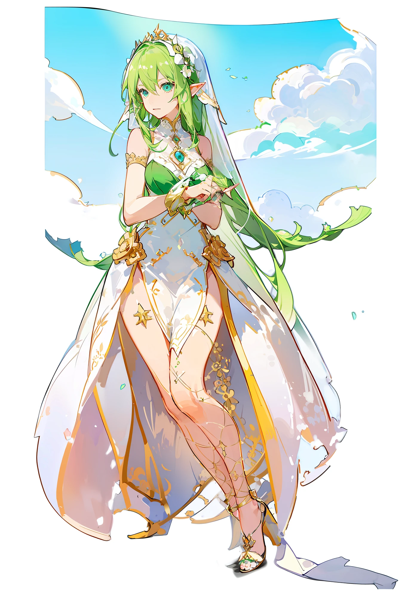 Photo of a woman in a green corset and a green dress,Palutna with a white transparent veil, lady palutena, Elf Princess, alluring elf princess knight, palutena smash, (((mad))) Elf Princess, An elf queen, line art in colour, beautiful and elegant elf queen, made with anime painter studio, colored sketch, elven princess, Anime goddess