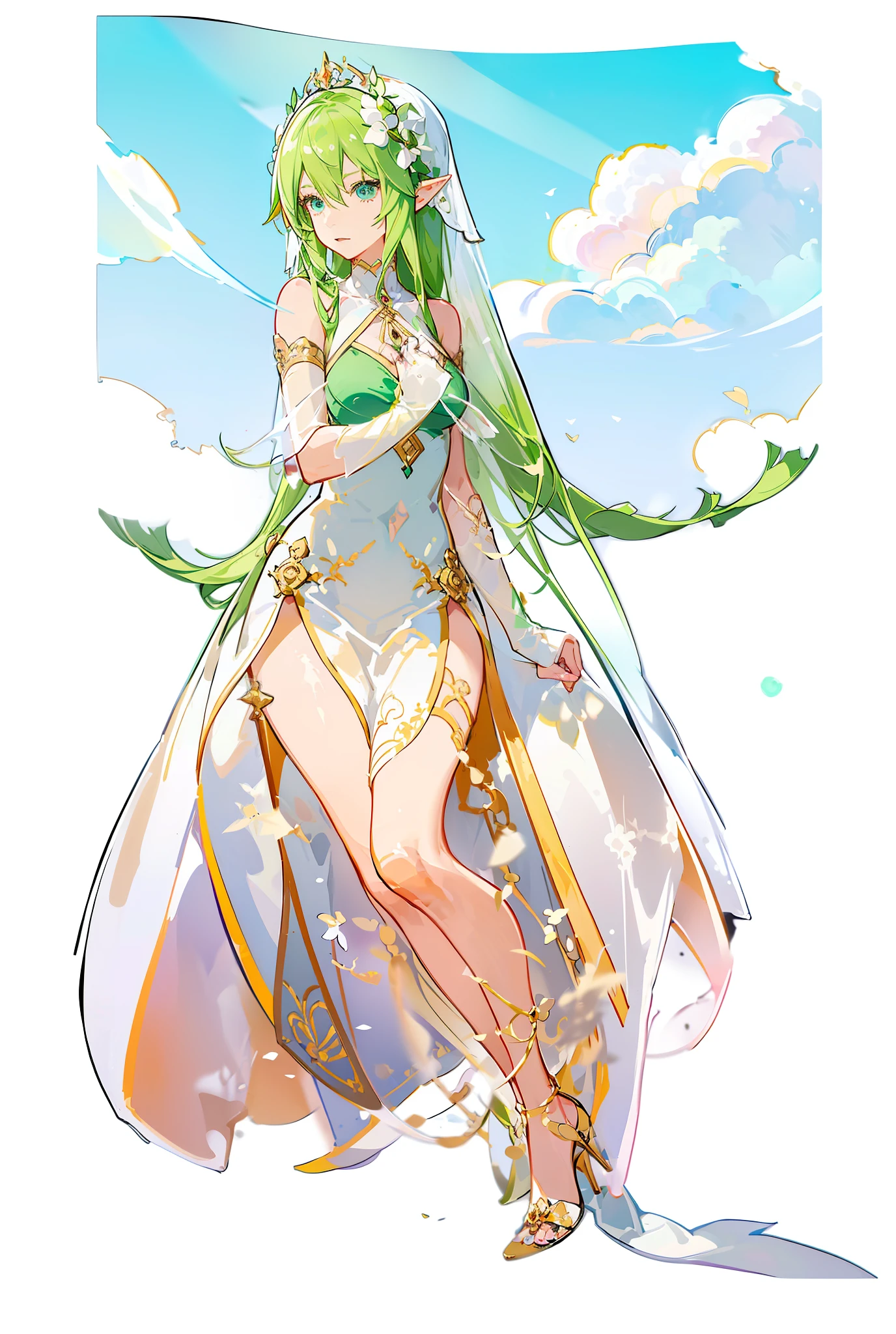 Photo of a woman in a green corset and a green dress,Palutna with a white transparent veil, lady palutena, Elf Princess, alluring elf princess knight, palutena smash, (((mad))) Elf Princess, An elf queen, line art in colour, beautiful and elegant elf queen, made with anime painter studio, colored sketch, elven princess, Anime goddess