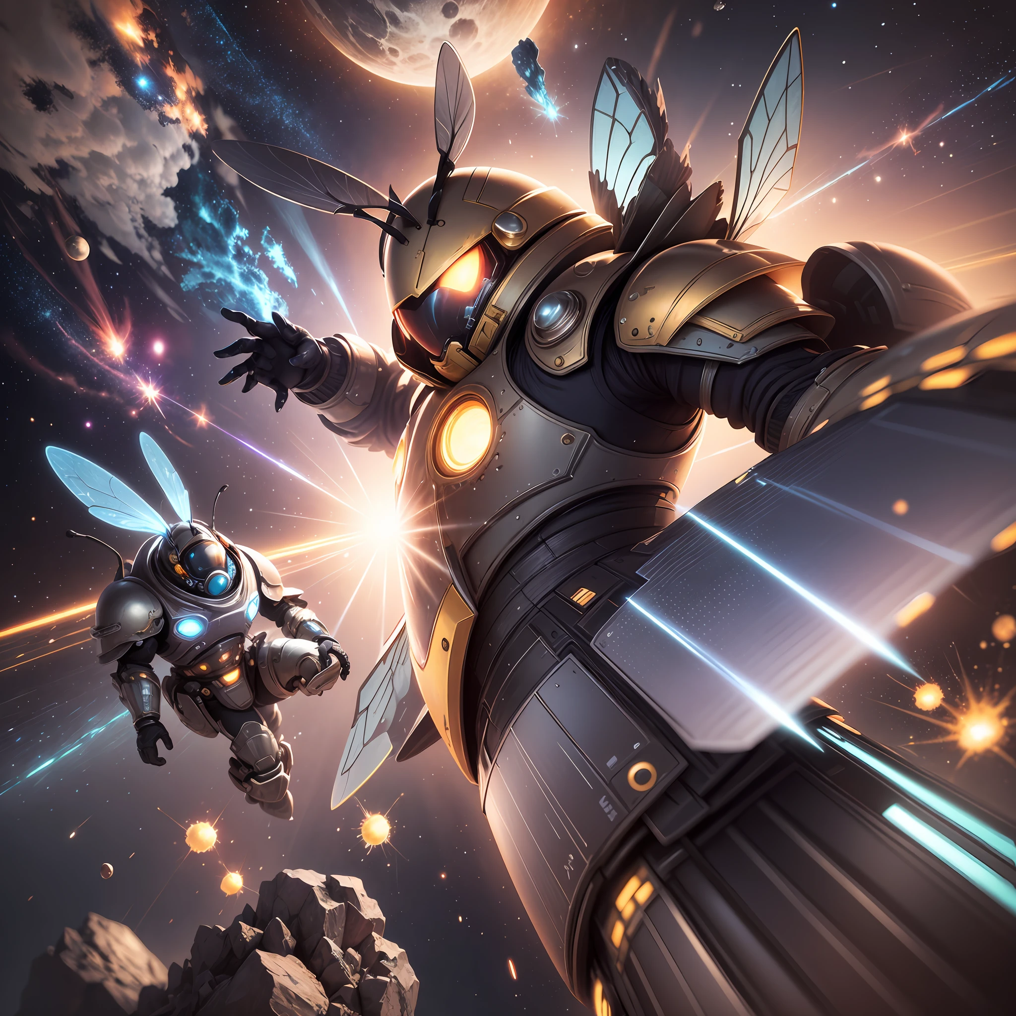 Battle space bee of huge size in space armor, very angry. It flies over the planet, through asteroids. Close-up. Warm, muted colors. Lots of details. Super photorealistic. Frame from the film. Cartoon in the style of Disney Pixar. fantasy blurred space background. Light haze. --auto --s2