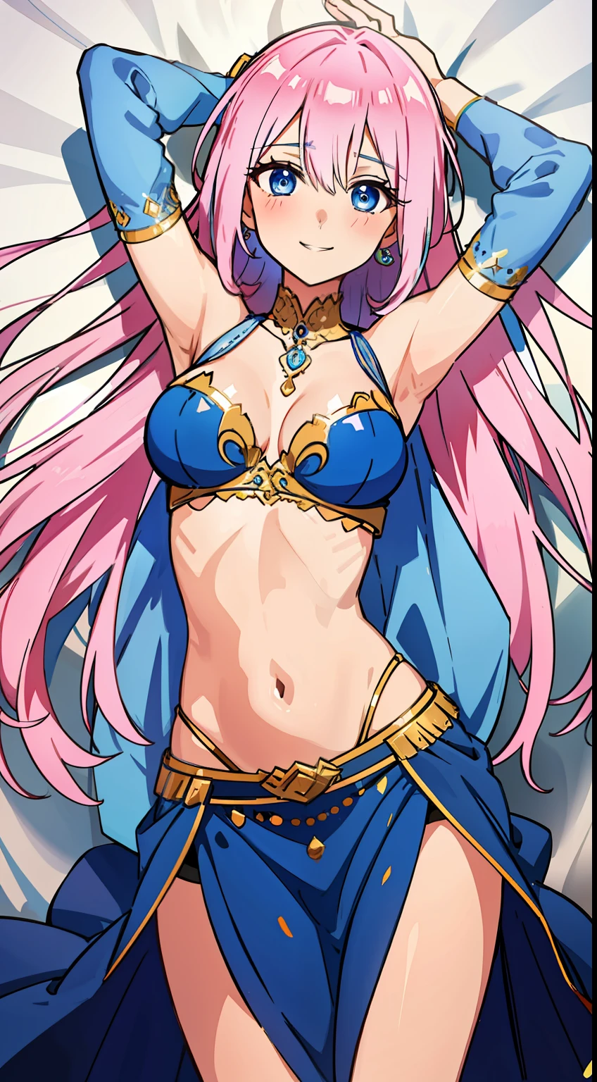 shikimori, medium breast, slim legs, blue gown, navel, skirt, standing, beautiful eyes, blue eyes, happy, arabian belly dancer, stage, lying