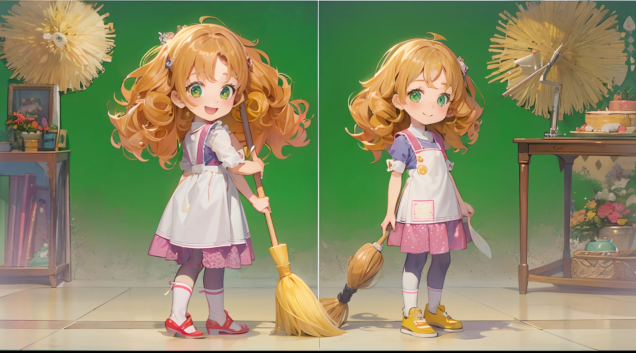 photorealisim、full body Esbian、12Year old girl、Cute with green eyes12Year old girl、Severe curly hair、Naturally curly hair、Golden hair、hitornfreckles、Housemaid style、ssmile、Cleaning cheerfully with a broom