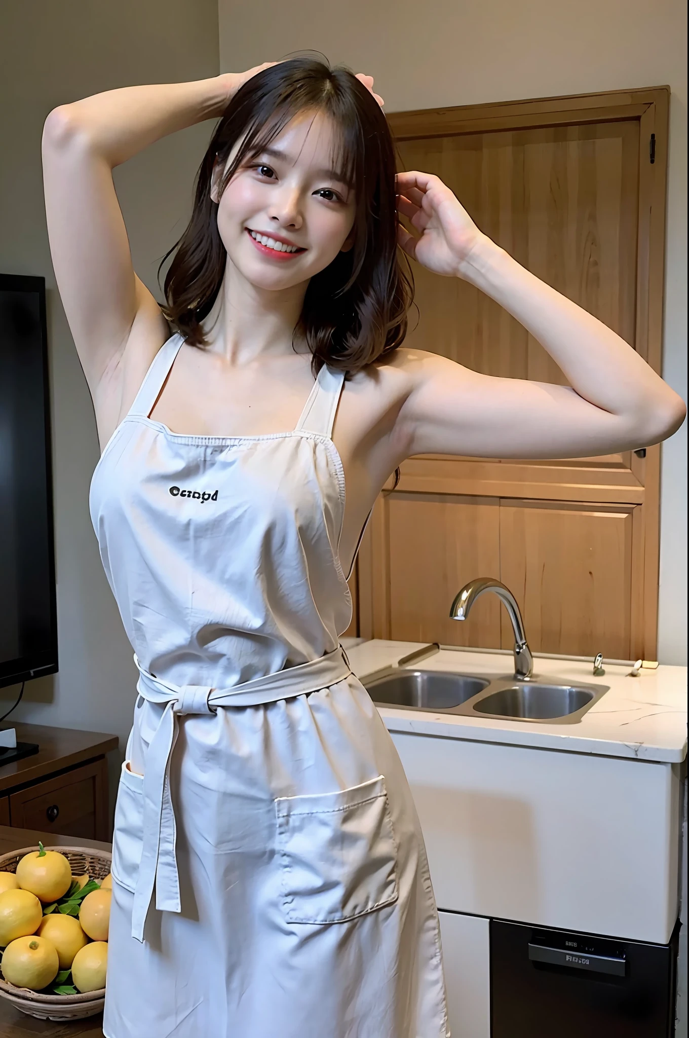 a woman is cooking、(kitchin_Apron:1.Wear 3)、Good Hand、4K、hight resolution、​masterpiece、top-quality、Cap:1.3、((Hasselblad photo))、Fine skin、foco nítido、(lighting like a movie)、Soft lighting、dynamic ungle、[:(详细的脸:1.2):0.2]、Medium chest、sweats streamed skin:1.2、(((In the kitchen))) A smile　Beautiful profile　Colossal tits　Beautiful body　Tying hair　Wide background々and a luxurious living room　Luxurious and luxurious living　Luxurious living room　Beautiful living room　Beautiful living room　A smile　an orange　lemons　A smile　Laughing　banana in　pineapple