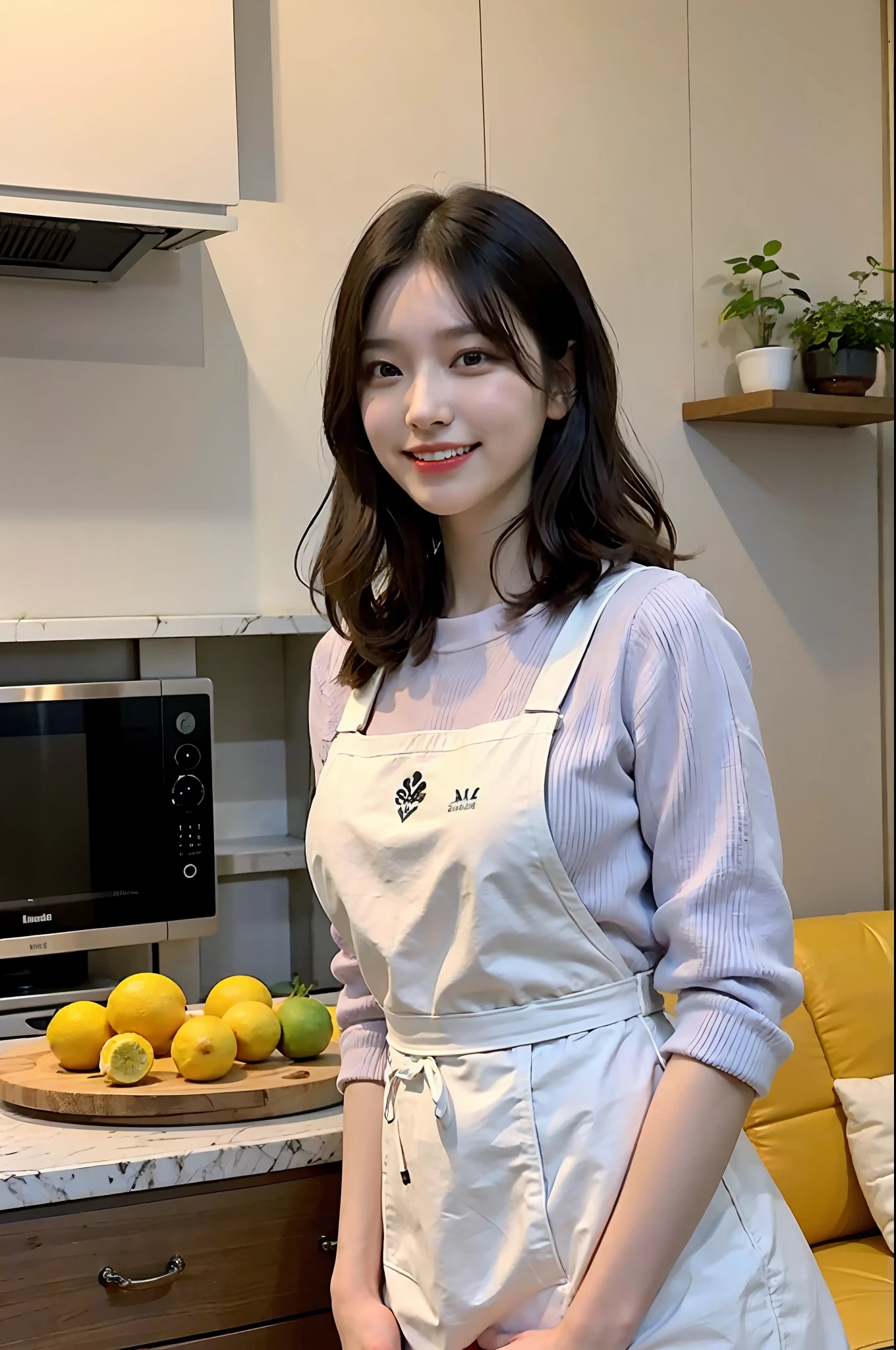 a woman is cooking、(kitchin_Apron:1.Wear 3)、Good Hand、4K、hight resolution、​masterpiece、top-quality、Cap:1.3、((Hasselblad photo))、Fine skin、foco nítido、(lighting like a movie)、Soft lighting、dynamic ungle、[:(详细的脸:1.2):0.2]、Medium chest、sweats streamed skin:1.2、(((In the kitchen))) A smile　Beautiful profile　Colossal tits　Beautiful body　Tying hair　Wide background々and a luxurious living room　Luxurious and luxurious living　Luxurious living room　Beautiful living room　Beautiful living room　A smile　an orange　lemons　A smile　Laughing　banana in　pineapple