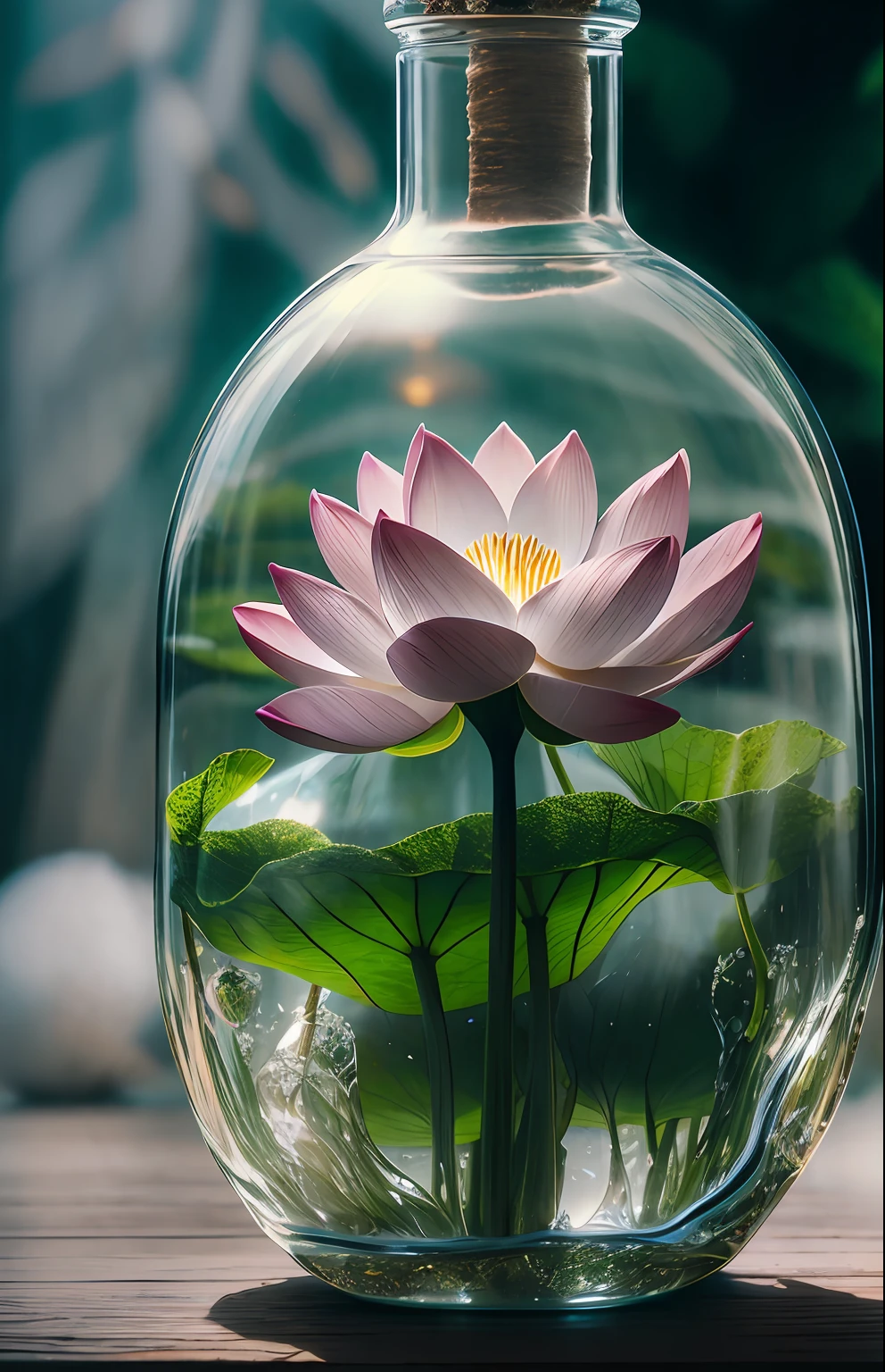 Lotus flower tree inside a fluffy glass bottle, realista, atmospheric light refraction, by lee jeffries nikon d850 film photography 4 camera kodak portra 400 lens f1.6 rich colors realistic texture hyper realistic lighting dramatic engine unreal trend in artstation cinestill 800, Estilo-Vidro