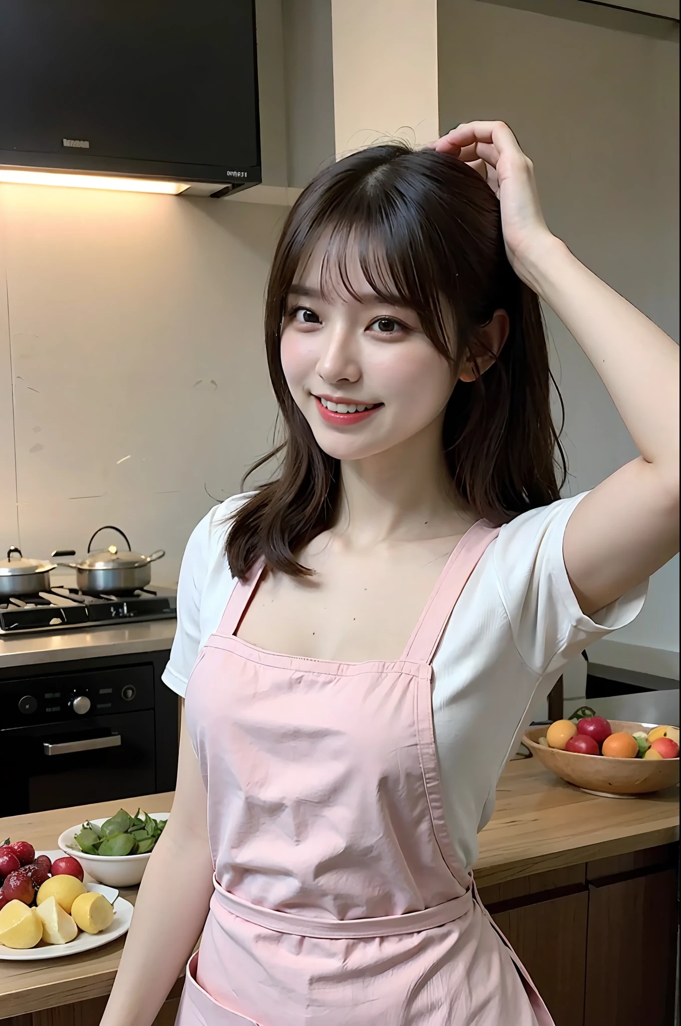 a woman is cooking、(kitchin_Apron:1.Wear 3)、Good Hand、4K、hight resolution、​masterpiece、top-quality、Cap:1.3、((Hasselblad photo))、Fine skin、foco nítido、(lighting like a movie)、Soft lighting、dynamic ungle、[:(详细的脸:1.2):0.2]、Medium chest、sweats streamed skin:1.2、(((In the kitchen))) A smile　Beautiful profile　Colossal tits　Beautiful body　Tying hair　Wide background々and a luxurious living room　Luxurious and luxurious living　Luxurious living room　Beautiful living room　Beautiful living room　A smile　an orange　lemons　A smile　Laughing　banana in　pineapple