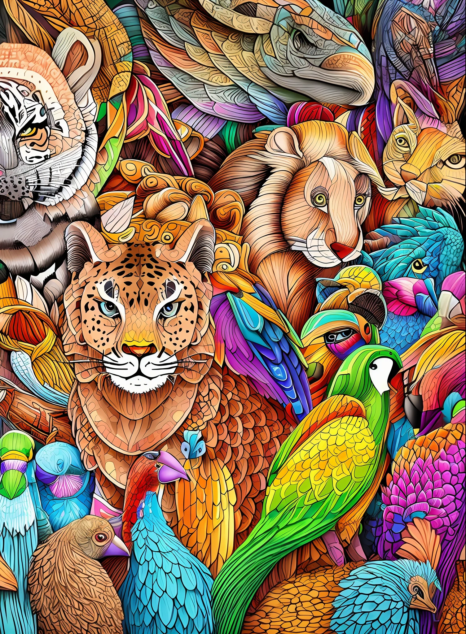 Close-up of groups of animals of many different colors, Detailed beautiful animals, intricate detailed digital art, highly intricate and colorful, colourfull!! Highly detailed, super detailed color art, Amazing details digital art, super detailed color art, Hidden animals, intricate digital art, 4k highly detailed art, Intricate art, Highly detailed 4K art, 4k detailed art