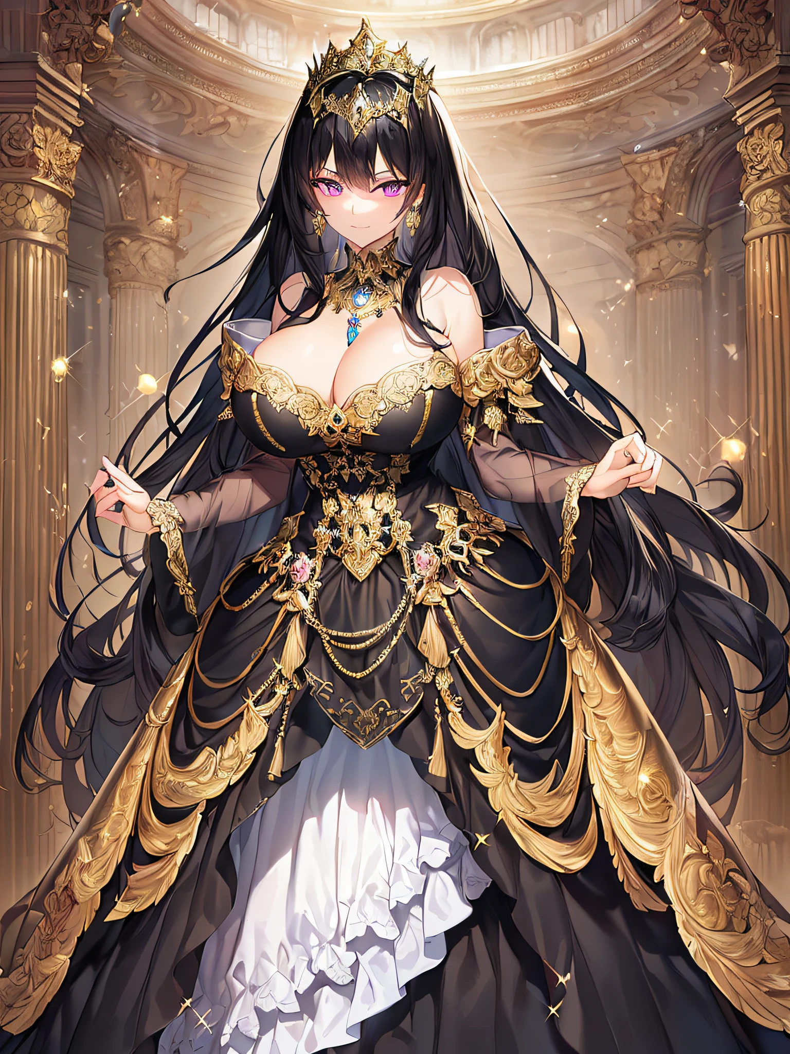 ((anime artstyle)),(Masterpiece),(Best Quality), (Super Detail),((Very Delicate and Beautiful)),((Solo)),((full body)),((one arrogant queen in glitter jeweled black and gold gorgeousfull rococo ball gown with voluminous  fluffy skirt)),((BlingBling)),((arrogant)),((arrogant smile)),(Purple eyes),Sharp eyes,detailed face and eyes,jewel-like eyes,((Very Long voluminous black Hair)),Straight Hair,((Bangs between eyes)),((gorgeousfull embroidery and lace)),gorgeous corsage,See-through,gorgeousfull hair ornament,gorgeousfull glitter jeweled tiara,ornate ruffles,((gigantic breasts,Long breasts)),skindentation,((full body)),((hoop skirt,crinoline)),gorgeousfull jewelry ornaments,Dynamic Angle,Looking at viewer,indoor,royal palace,(((gorgeous embroidery and glitter jeweled black and gold gorgeousfull rococo ball gown with voluminous fluffy skirt))),(full body)