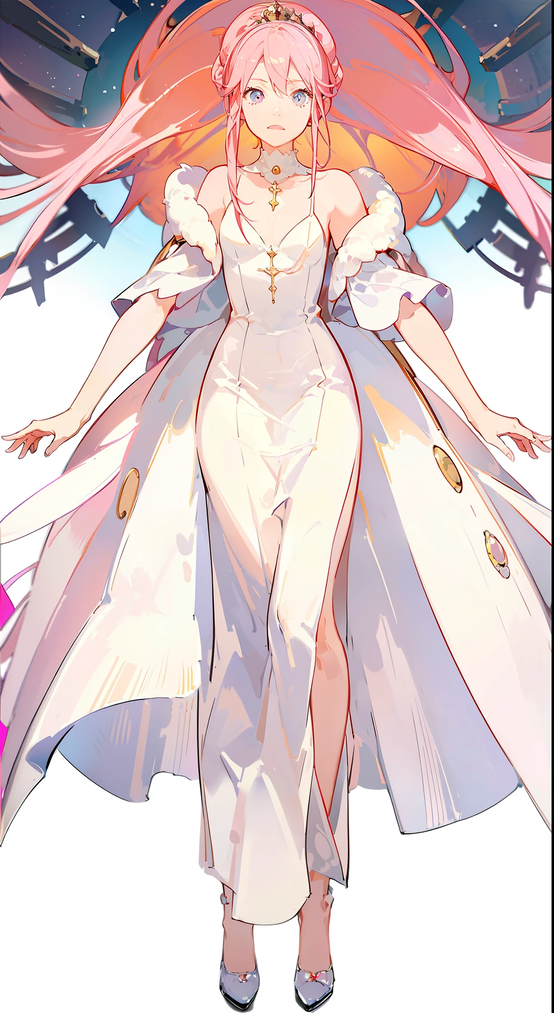 One in a pink dress,Woman in white coat and crown, zoomed out full body, concept piece, distant full body view, digital art of an elegant, full body concept, wearing a pink ballroom gown, centered full body rear-shot, full body in view, full-body view, full body wide shot, rotoscoped, symmetrical fullbody rendering
