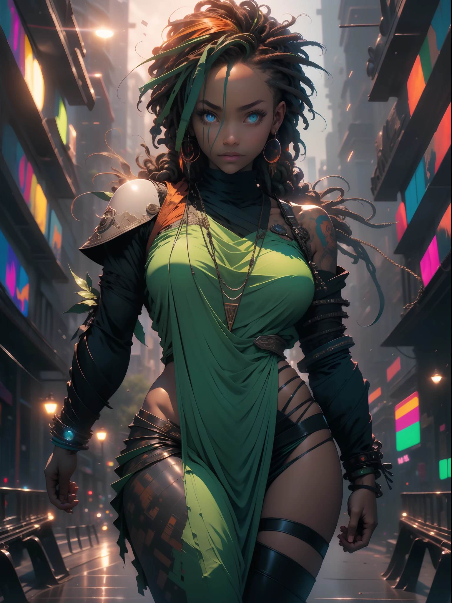 ((Best quality)), ((masterpiece)), (detailed: 1.4), (Absurd), Zulu warrior, African bracelets and necklaces, black skin , Clothing with spectacular tribal designs, explosion of colors, cosmic tattoo, nebulous, muscular sculptural body defined, whole body, half thick naked thighs, closed mouth, body covered by technological clothing, Neon Genesis Evangelion style, cyberpunk, generous neckline, ((perfect medium breasts)), (super light blue eyes), ((totally dark green and orange clothing)), (((hair with dreadlocks)))), long eyelashes and black heavy makeup, various African jewelry, garter belt made with barbed wire, by mucha, niji --V5, close to real, psychopath, crazy face, sexy pose, fractal background, 2 pieces clothing, pastel, centered, scale to fit the dimensions, HDR (High Dynamic Range),Ray Tracing,NVIDIA RTX, Super-Resolution,Unreal 5,Subsurface Dispersion, PBR Texture, Post-processing, Anisotropic Filtering, Depth of Field, Maximum Clarity and Sharpness, Multilayer Textures, Albedo and Specular Maps, Surface Shading, Accurate Simulation of Light-Material Interaction, Perfect Proportions, Octane Render, Two-Tone Lighting, Wide Aperture, Low ISO, White Balance, Rule of Thirds, 8K RAW, Crysisnanosuit