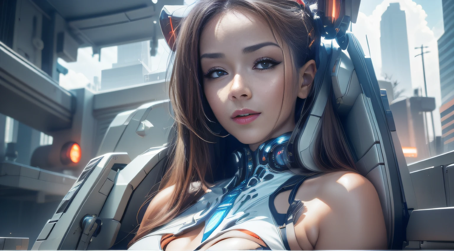 Highest image quality，Outstanding details，超高分辨率，（Fidelity：1.4）, Favor the details，closeup cleavage，The background is a scene of a cosmic celestial body, High-tech ships fly far,He has a delicate and beautiful face，（（Blue-white semi-mechanical body：1.8）），High-tech mecha weapons, Raised sexy，frontage，cyber punk perssonage，Futuristic，mechanically aesthetic，Virtual Engine 5，Perfect detail rendering，rendering by octane，hyper HD