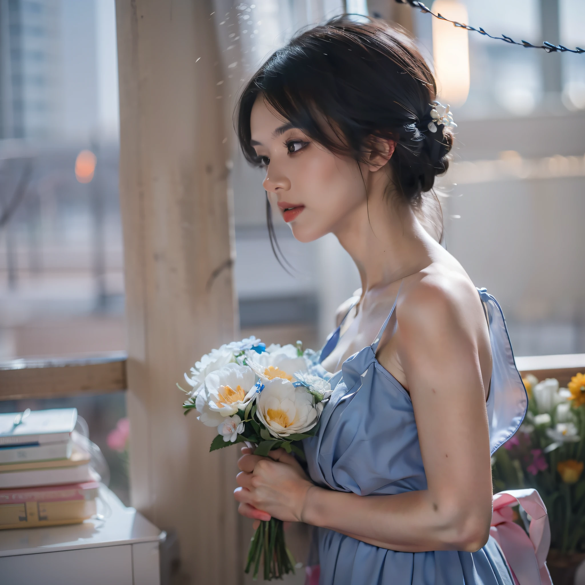 araffe woman in a blue dress holding a bouquet of flowers, cinematic shot ar 9:16 -n 6 -g, 8K 50mm ISO 10, dreamy blurred lens, Soft portrait shot 8 K, photo 1 5 mm, Bokeh + degrees of freedom + 8K, 8K Artgerm bokeh, Atmospheric cool colors - grades