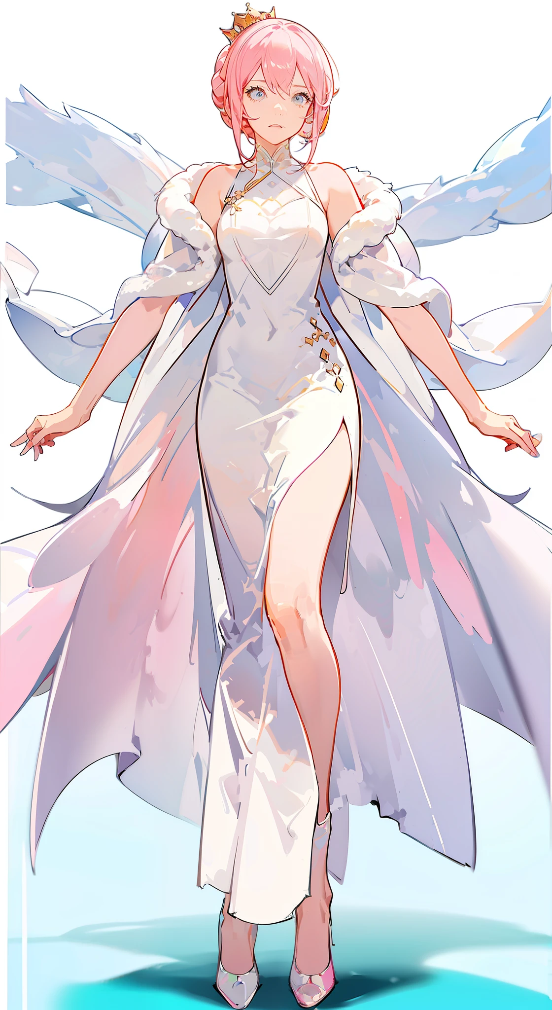 One in a pink dress，Woman in white coat and crown, zoomed out full body, concept piece, distant full body view, digital art of an elegant, full body concept, wearing a pink ballroom gown, centered full body rear-shot, full body in view, full-body view, full body wide shot, rotoscoped, symmetrical fullbody rendering