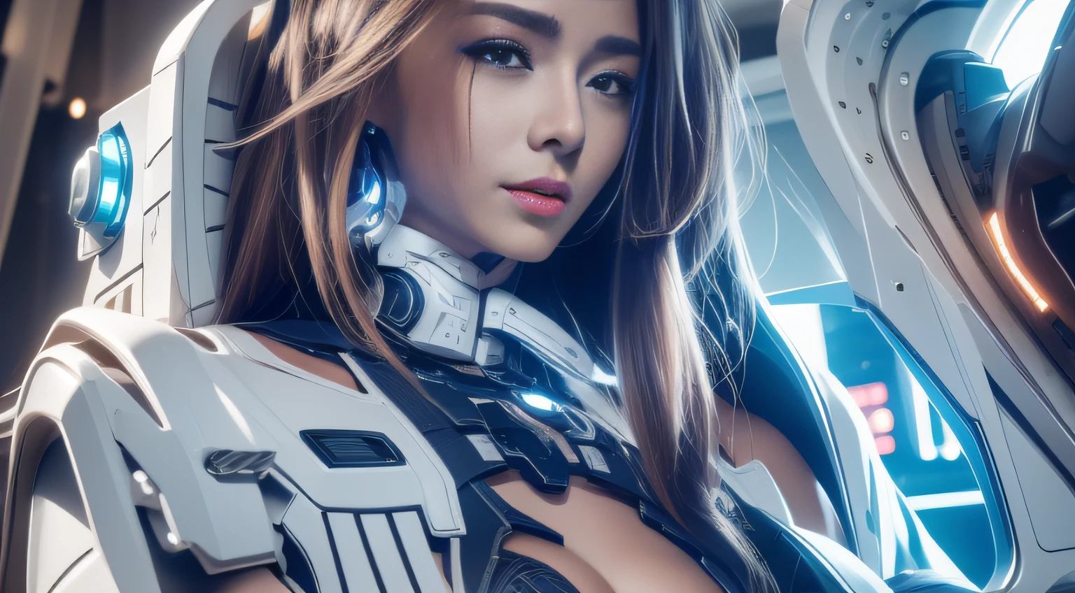 Highest image quality,Outstanding details,超高分辨率,(Fidelity:1.4), Favor the details,closeup cleavage,The background is a scene of a cosmic celestial body, High-tech ships fly far,He has a delicate and beautiful face,((Blue-white semi-mechanical body:1.8)),High-tech mecha weapons, Raised sexy,frontage,cyber punk perssonage,Futuristic,mechanically aesthetic,Virtual Engine 5,Perfect detail rendering,rendering by octane,hyper HD