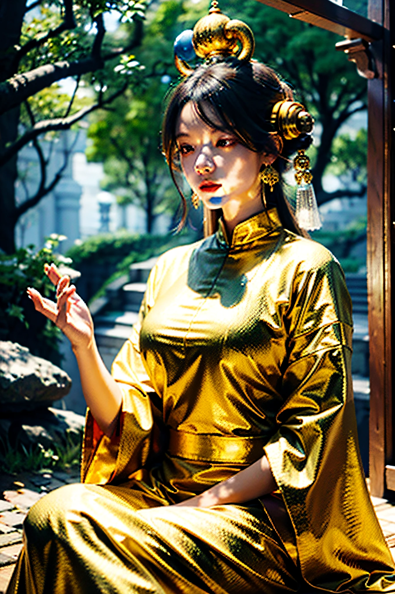 a woman dressed up as a dragon meditating at a temple, in the style of vray tracing, old master, bold character designs, gongbi, spirals, light gold and azure, dynamic balance