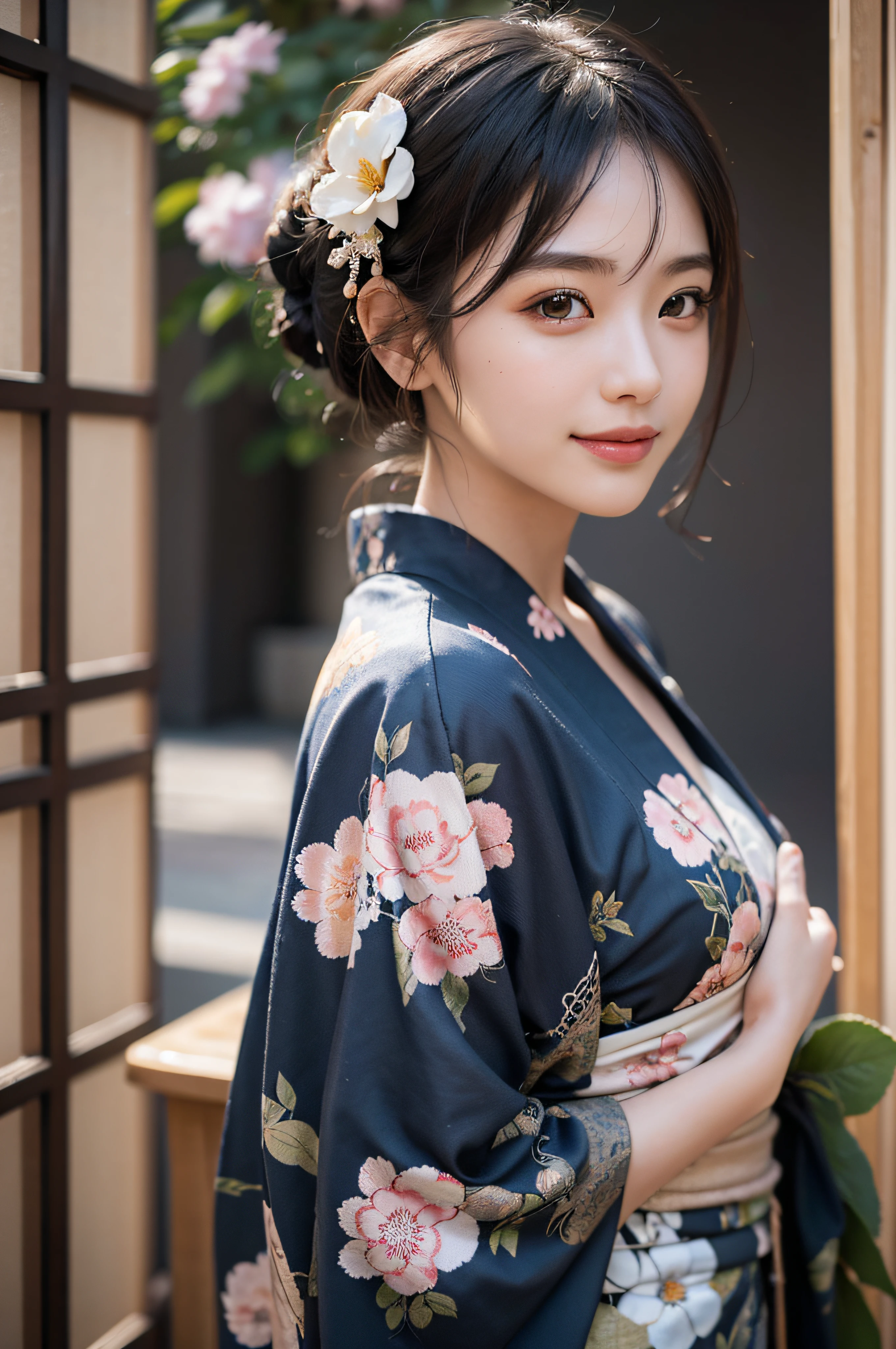 (Photorealsitic:1.4), (Top image quality:1.0), (超A high resolution:1.0), 8K, Raw photography, (masterpiece:0.2), (pureerosface_v1:0.5)、(Best Quality Detail:1.2)、realisitic、8K UHD、hight resolution、(1girl in:1.2)、The ultra-detailliert、High quality textures、intricate detailes、detaileds、Very detailed CG、High quality shadows、Detail Beautiful delicate face、Detail Beautiful delicate eyes、depth of fields、Ray traching,1girl in, japanaese girl, Cute, slender, Black kimono, Kimono with Japanese pattern,Floral scrunchie, Beautiful skin, Facing the front,Sit down, Sit upright and say thank you,Align your hands elegantly,Smile faintly The Land of Japan,Japanese garden,Luxury Japanese-style room, skyporn, Magic Hour, (Realistic:1.3), Finely detailed, quality, (masutepiece:1.2), (Photorealistic:1.2), (Best Quality), (Intricate details), Dramatic, Ray tracing, photograph, +Lola