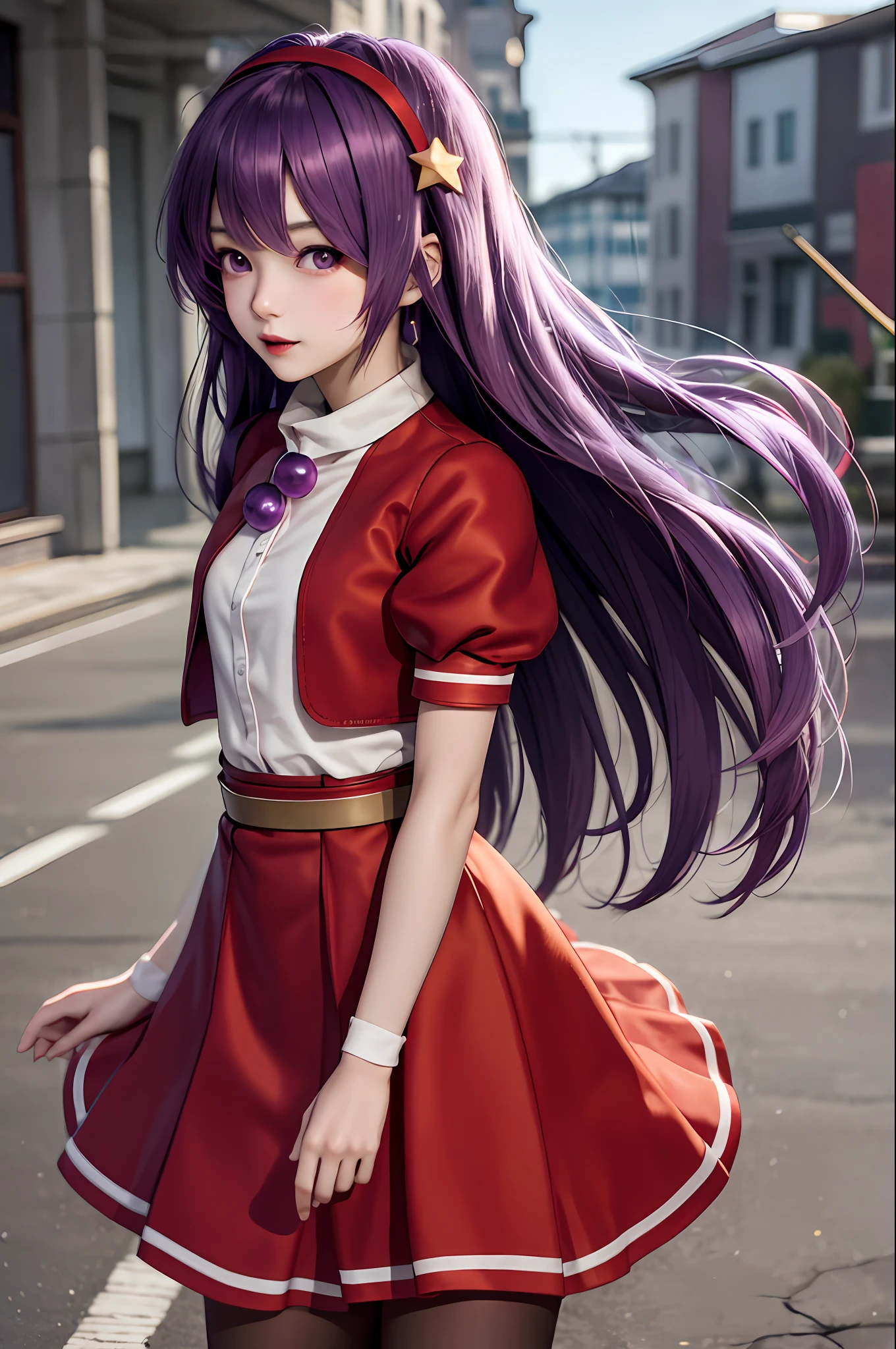 （tmasterpiece，top-quality，best qualityer，offcial art，Aesthetics and aesthetics：1.2），（1girll：1.3），（s fractal art：1.3），
独奏， athena97，
Purple eye，Purple colored hair，long whitr hair，耳Nipple Ring，red hairband，（Small spherical necklace：1.5），Star hair ornaments，perfect hand，One_hand_On_glute，one hand v，（The upper part of the body，：1.3） ，
 Medium braids，Red Open Vest，white highnecksweater，White puffy sleeves，short- sleeved，Red pleated skirt，deep red pantyhose，Yellow belt，
（exteriors）， rays of sunshine， cosplay foto， （cinmatic：0.4）， street simple background，