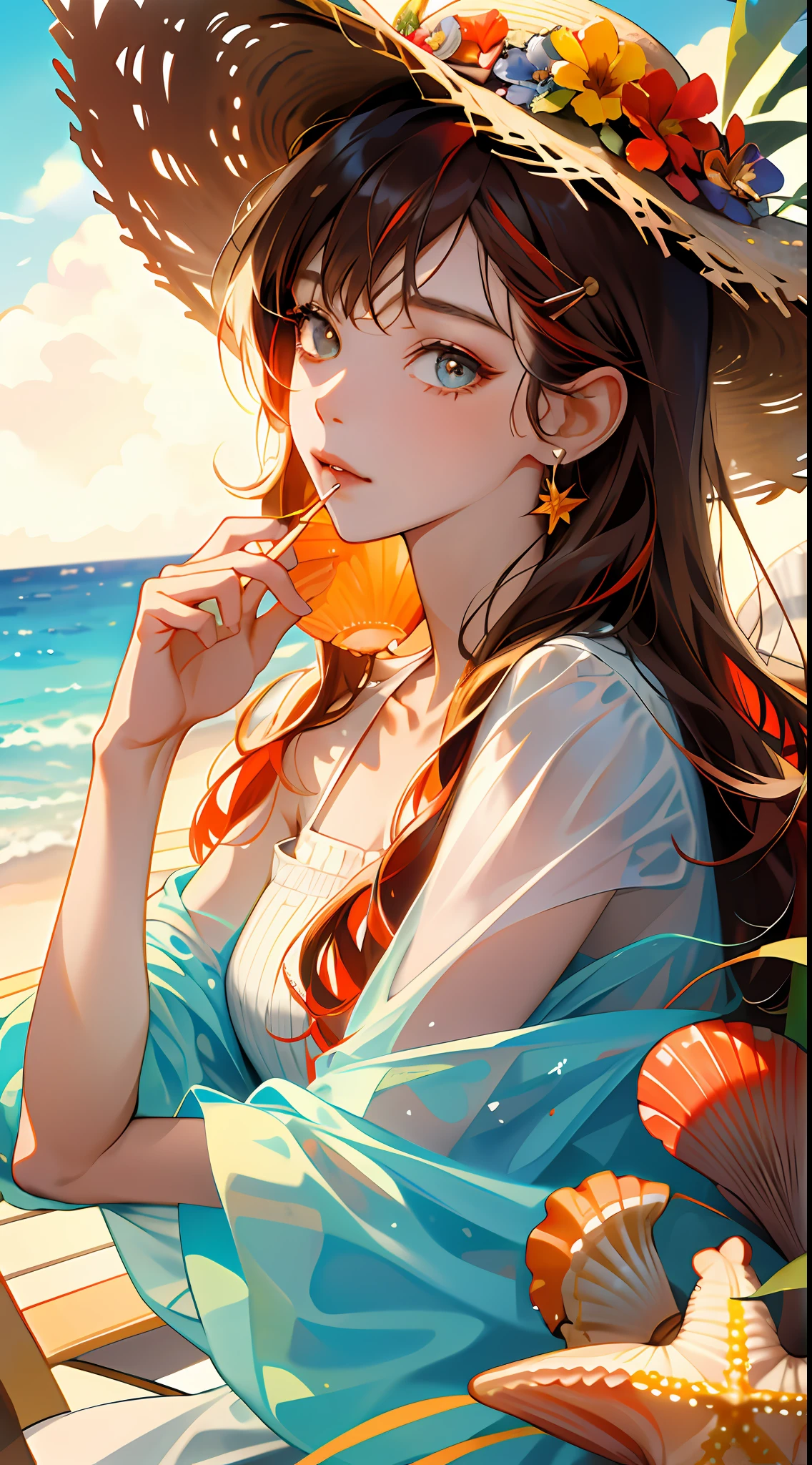 absurdres, highres, ultra detailed, 1girl, solo, extremely detailed eyes, starfish, seashell, shell, flower, hat, hair ornament, jewelry, straw hat, looking at viewer, sunglasses, hat flower, drinking straw, hairclip, earrings, red flower, tinted eyewear, yellow flower, bangs, english text, multicolored hair, orange flower, black hair, ring, cup, long hair, orange-tinted eyewear, food, brown hair, portrait, shell hair ornament