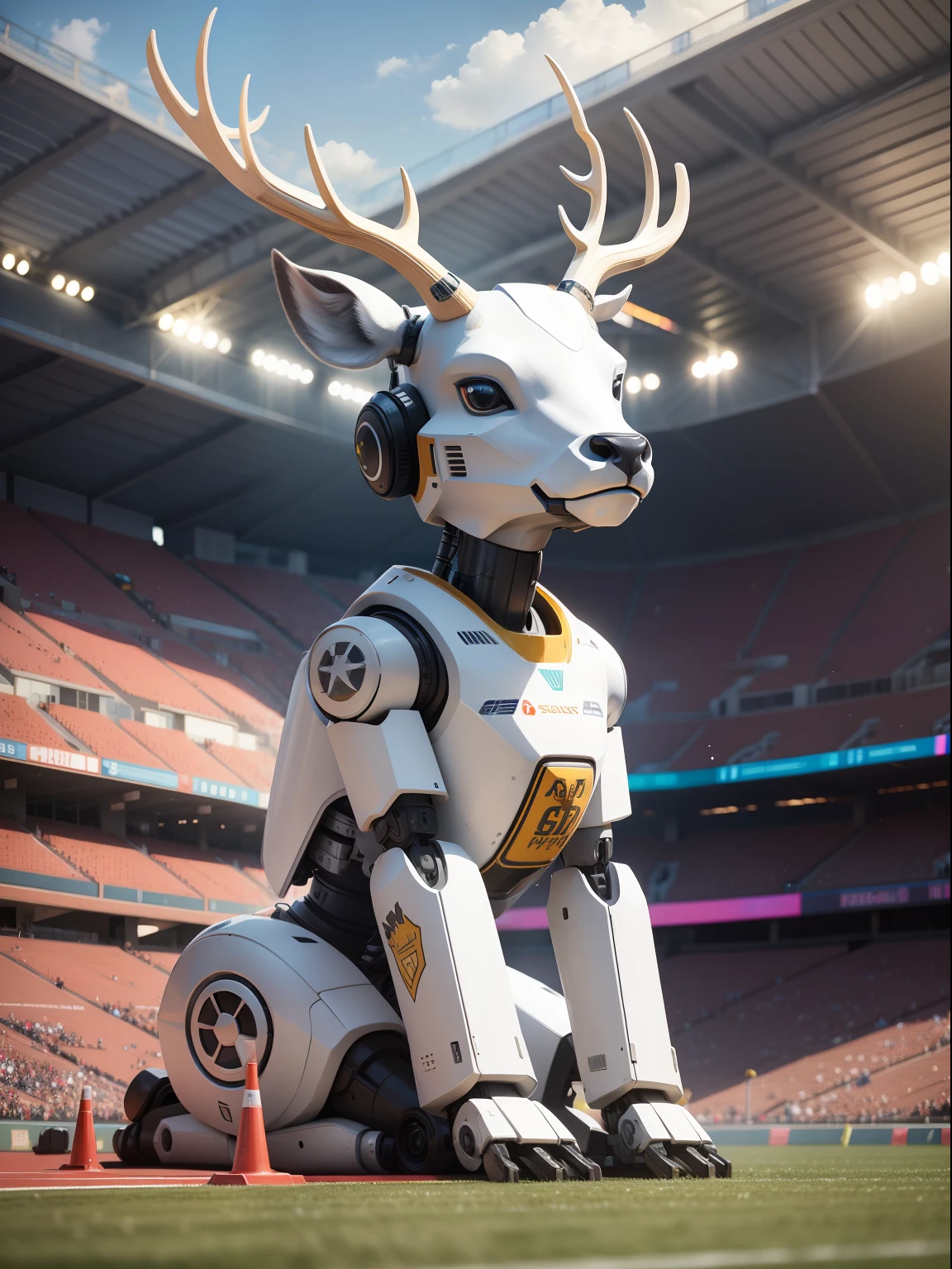 White robot deer, Displayed on the large screen of the stadium, Sporting events in progress, detail, Surreal, Third angle, wide angles, Panoramic defocus