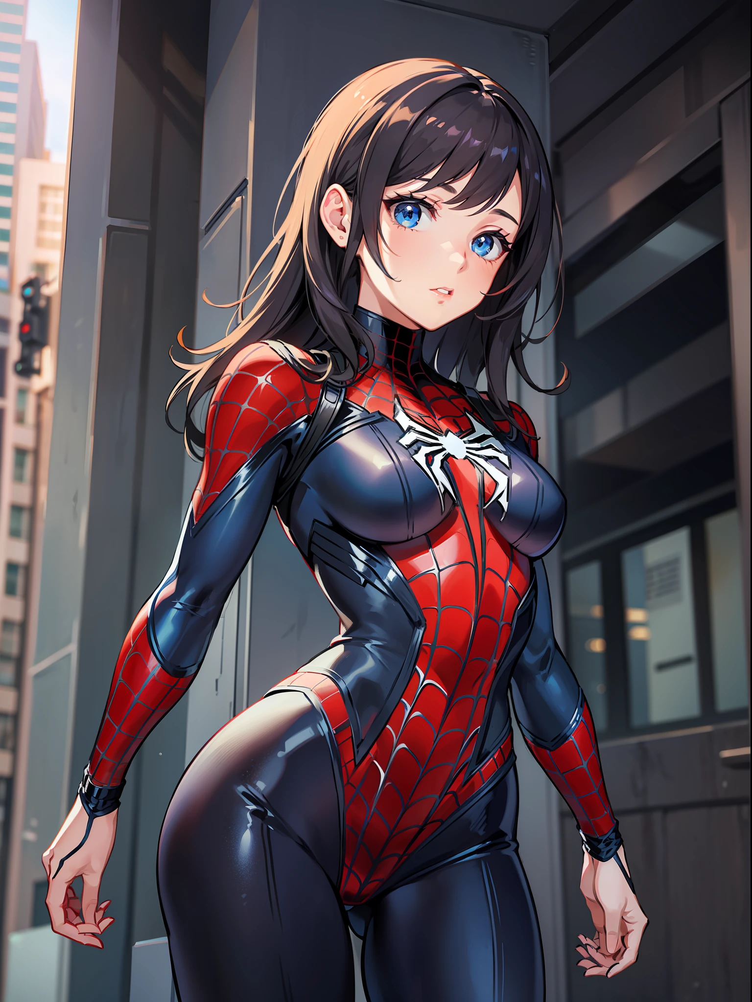 The female version of Spider-Man，Sexy tights，The head is completely enclosed，without showing face，Cross your hands at the waist，Spread your feet