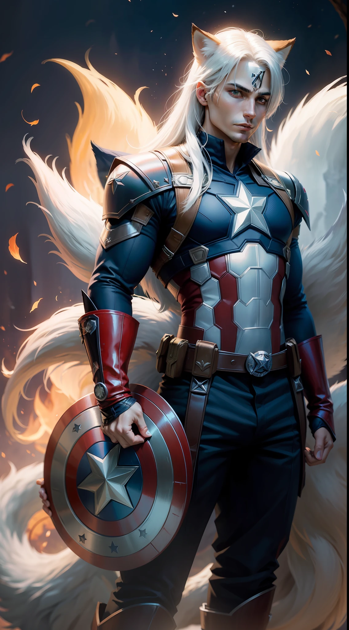 anime, fantasy, captain america fox, fantasy art, fantasy, captain america fox, fantasy, captain america fox, captain america fox, captain america fox, captain america fox, captain america fox, captain america fox, captain america fox, captain america fox, fox, ethereal captain america fox, kitsune tailed captain america fox, tailed captain america fox, kitsune, mythical creature, fantasy captain america fox love, art of silver captain america fox, white - haired captain america fox, mizutsune, nine tails