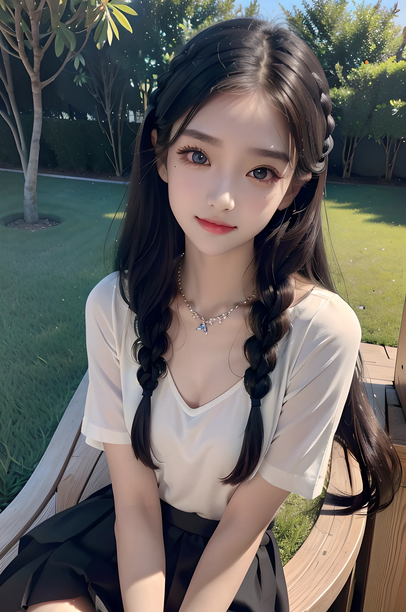 Realism, 18 years old beautiful and cute girl, masterpiece, best quality, crystal necklace, a delicate and beautiful girl, big eyes with a god, long eyelashes, beautiful pupils, sweet eyes with lying silkworms, sweet smile, (face filling), outdoor, sexy girl with S-shaped body, smooth wavy braids, (petite), tight shirt, pleated skirt,