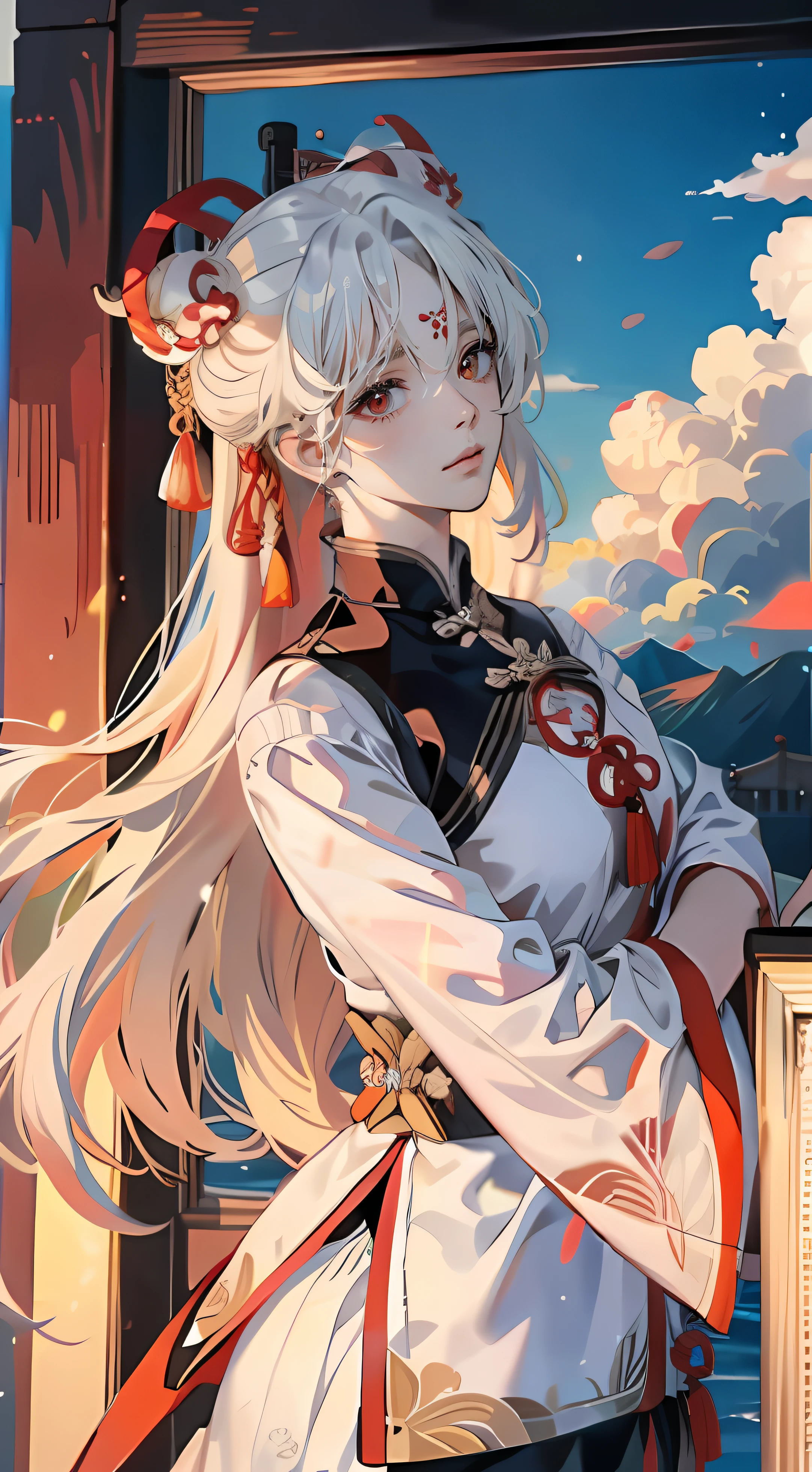 ((best qualtiy)), ((tmasterpiece)) gold framed,gold framed, florals, komono, Clouds,whaite hair,Red eyes,Hua Dian