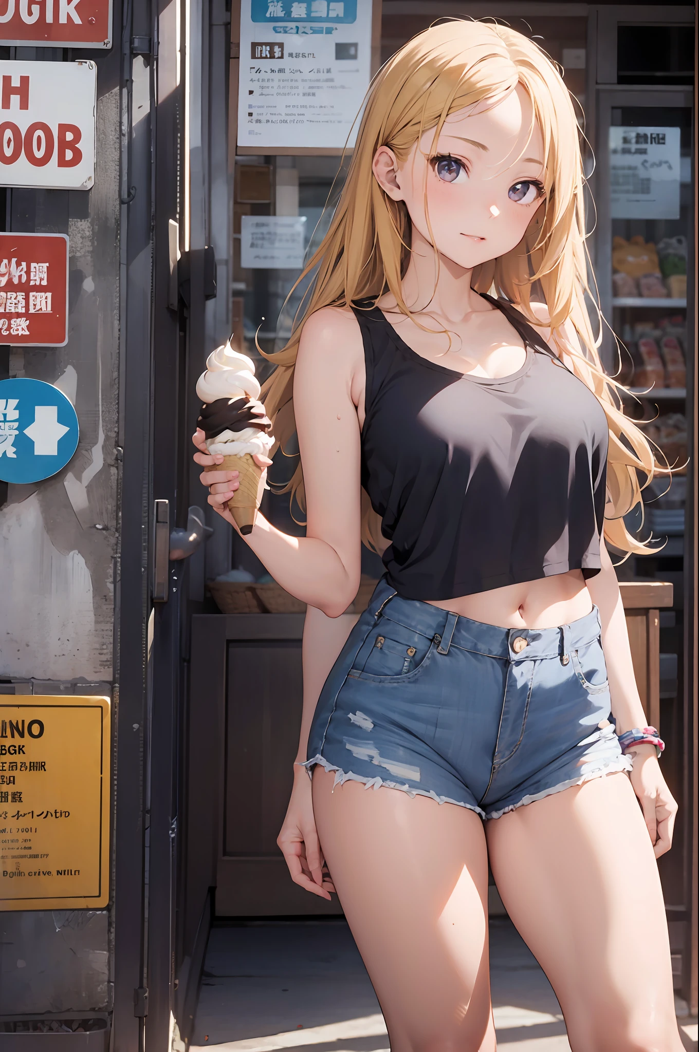 Top image quality、in 8K、a blonde girl、The long-haired、put out one's forehead、White tank top、Jeans shorts、sandal、Background、Ice cream shop、Behind、Turned、Buttocks sticking out of shorts