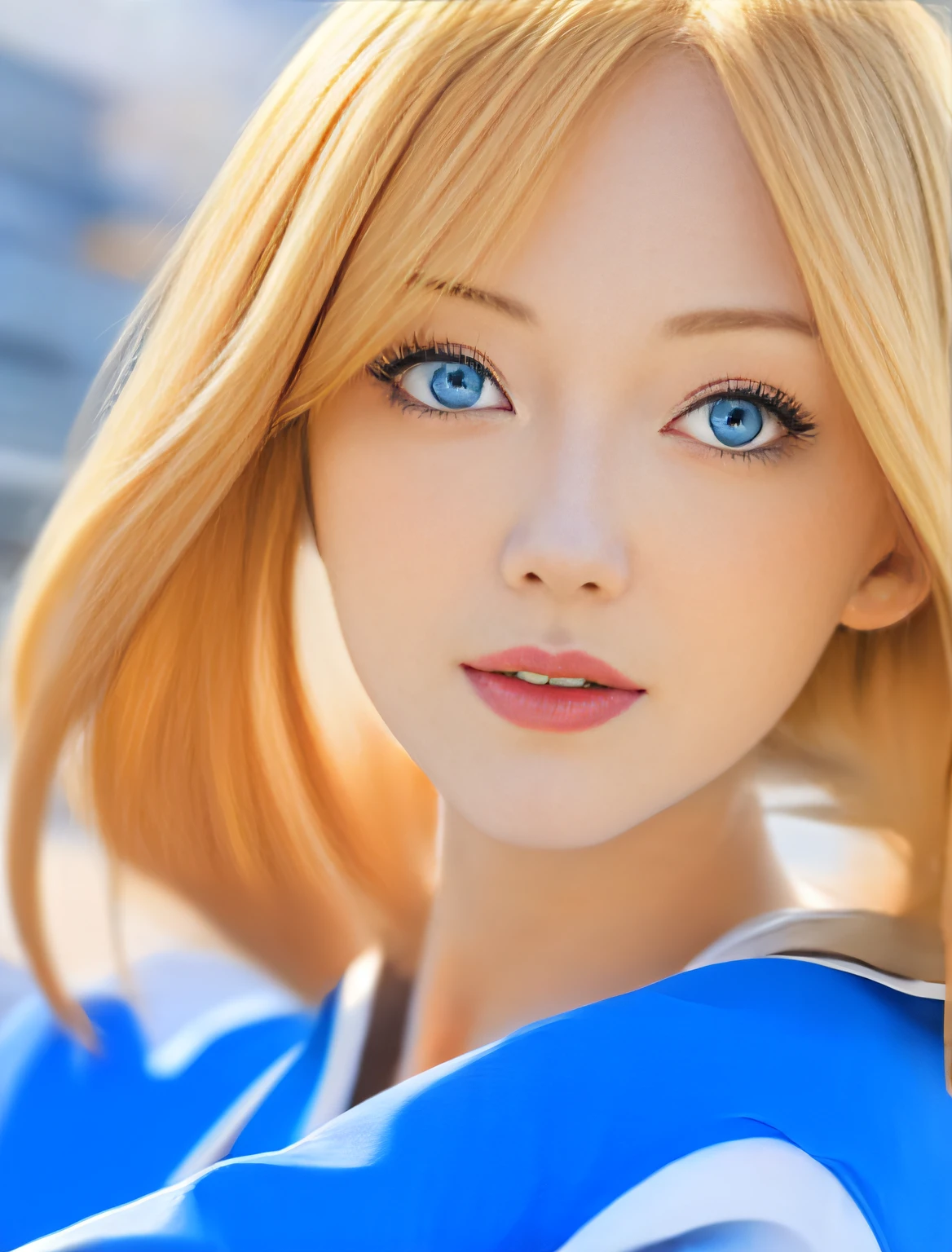 Woman with blonde hair,Blue eyes and choke-neck top, IG model | Art germ, Art germ. High detail, photorealistic anime girl rendering, Detailed digital anime art, artgerm portrait, closeup character portrait, Smooth anime CG art, realistic art style, detailed portrait of an anime girl, Deviantart ArtStation CGSCOSIETY