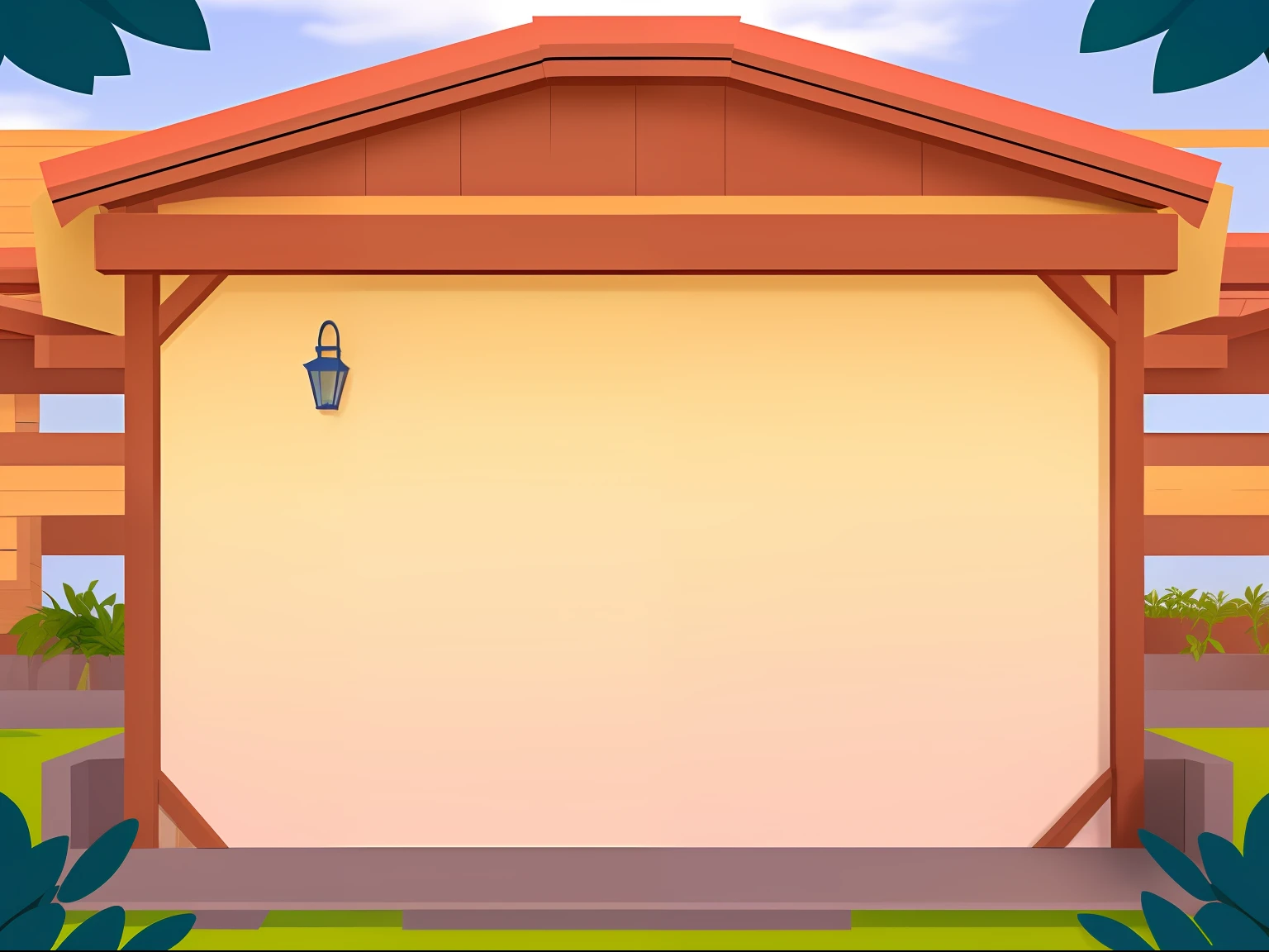 Wooden construction,Blue roof,with plants around it,,wood,There is a blank wall in the middle,cartoonish style,game scenes, pastelcolor