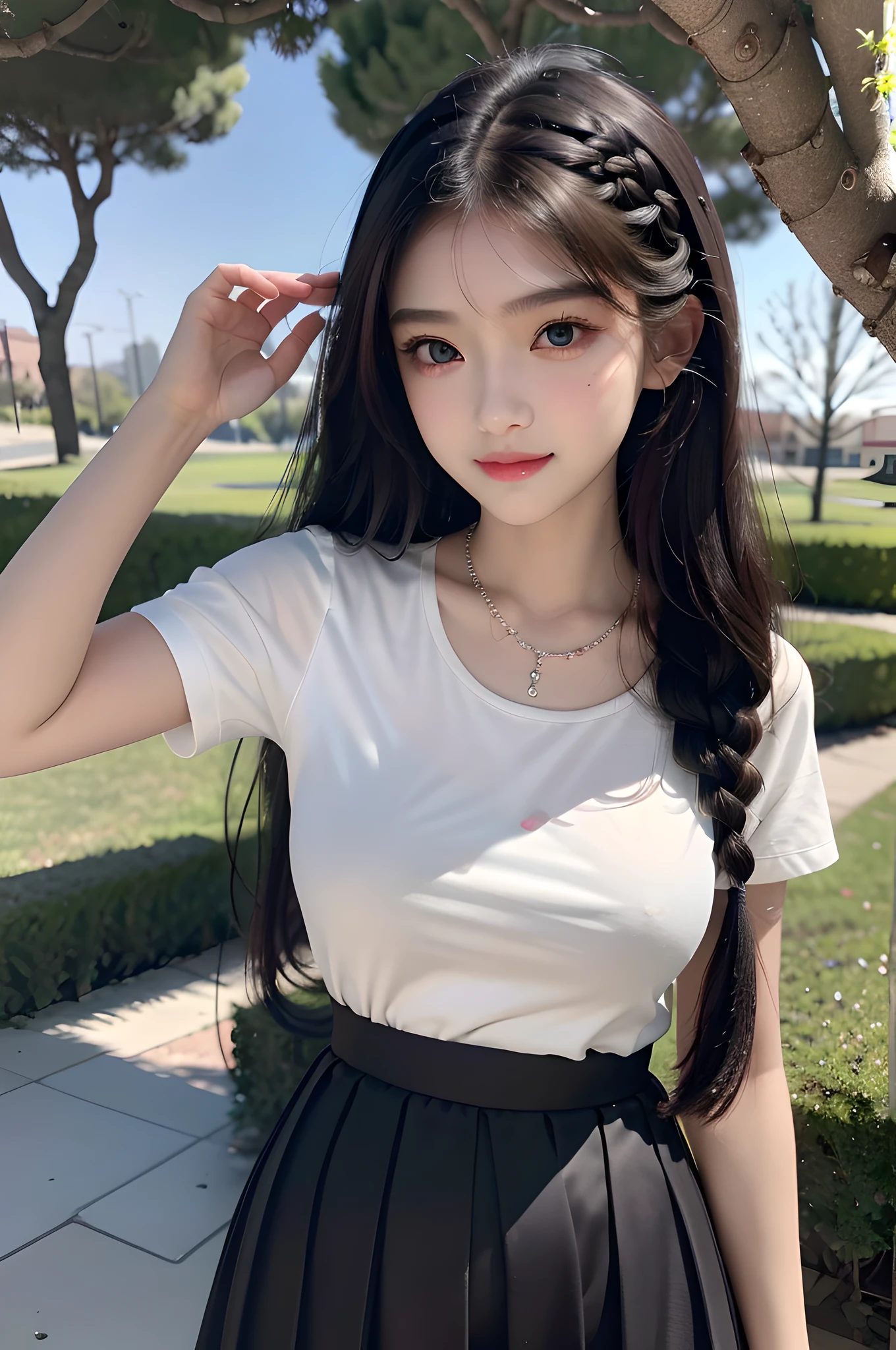 Realism, 18 years old beautiful and cute girl, masterpiece, best quality, crystal necklace, a delicate and beautiful girl, big eyes with a god, long eyelashes, beautiful pupils, sweet eyes with lying silkworms, sweet smile, (face filling), outdoor, sexy girl with S-shaped body, smooth wavy braids, (petite), tight shirt, pleated skirt,