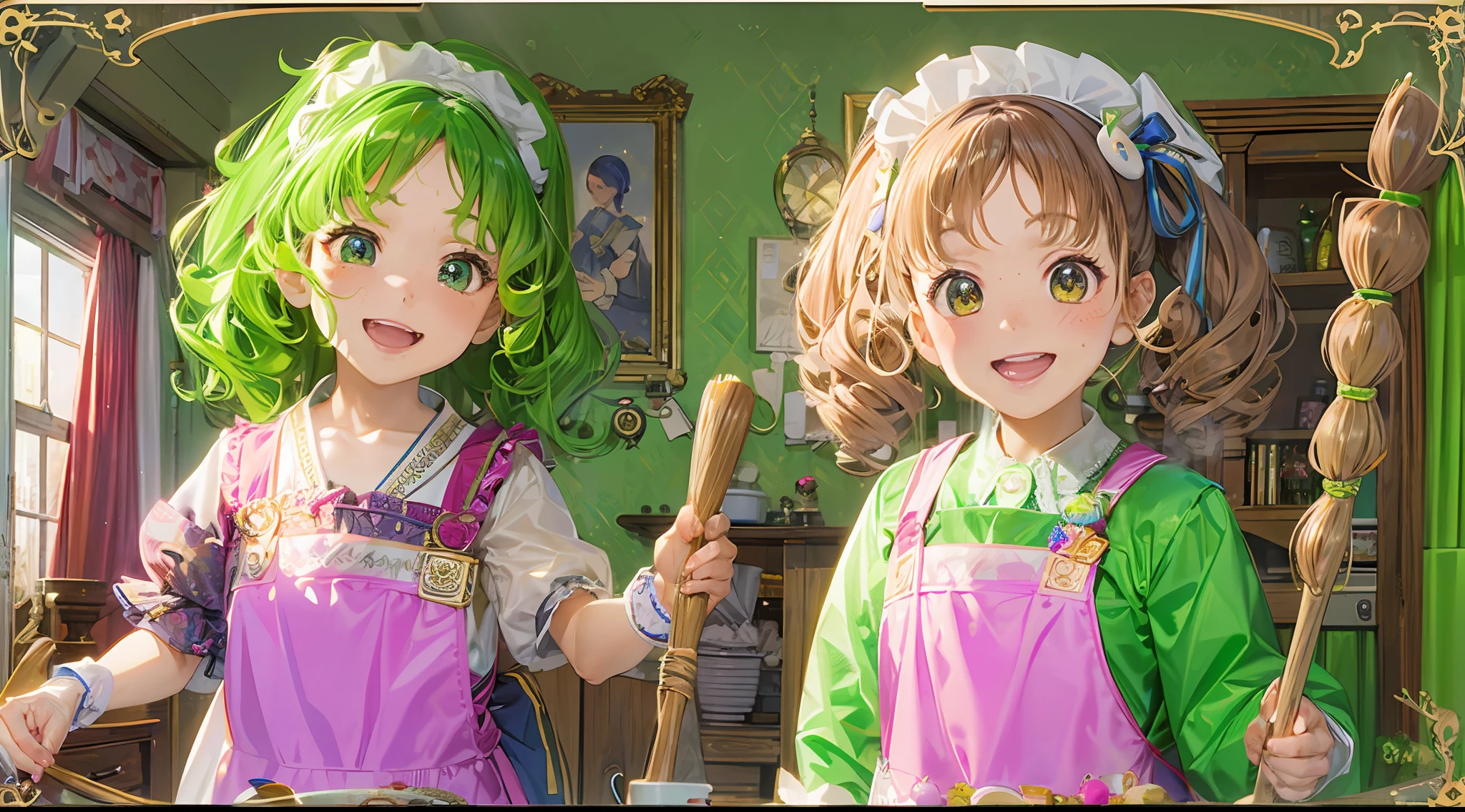 photorealisim、full body Esbian、１２Year old girl、Cute with green eyes１２Year old girl、Severe curly hair、Naturally curly hair、Golden hair、hitornfreckles、Housemaid style、ssmile、Cleaning cheerfully with a broom