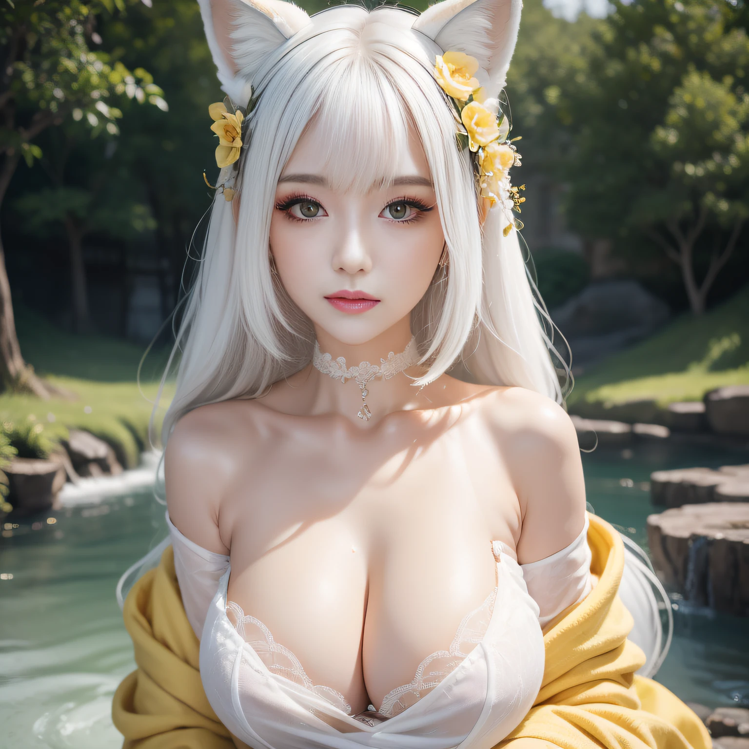 Close-up of the upper body,Clothes that wrap the whole body,Fox demon fox ears white hair girl,,Delicate pupils,Colorful flowers,By the stream,fluffy fox ears,fox tails,sparkling yellow eyes,Yellow glowing pupils,Reddish tone,medium boob,Fox eyes,Enchanted,Charming,16k, best qualityer, tmasterpiece,, Raised sexy, Highly detailed face and eyes, professional make-up,,long eyelasher,