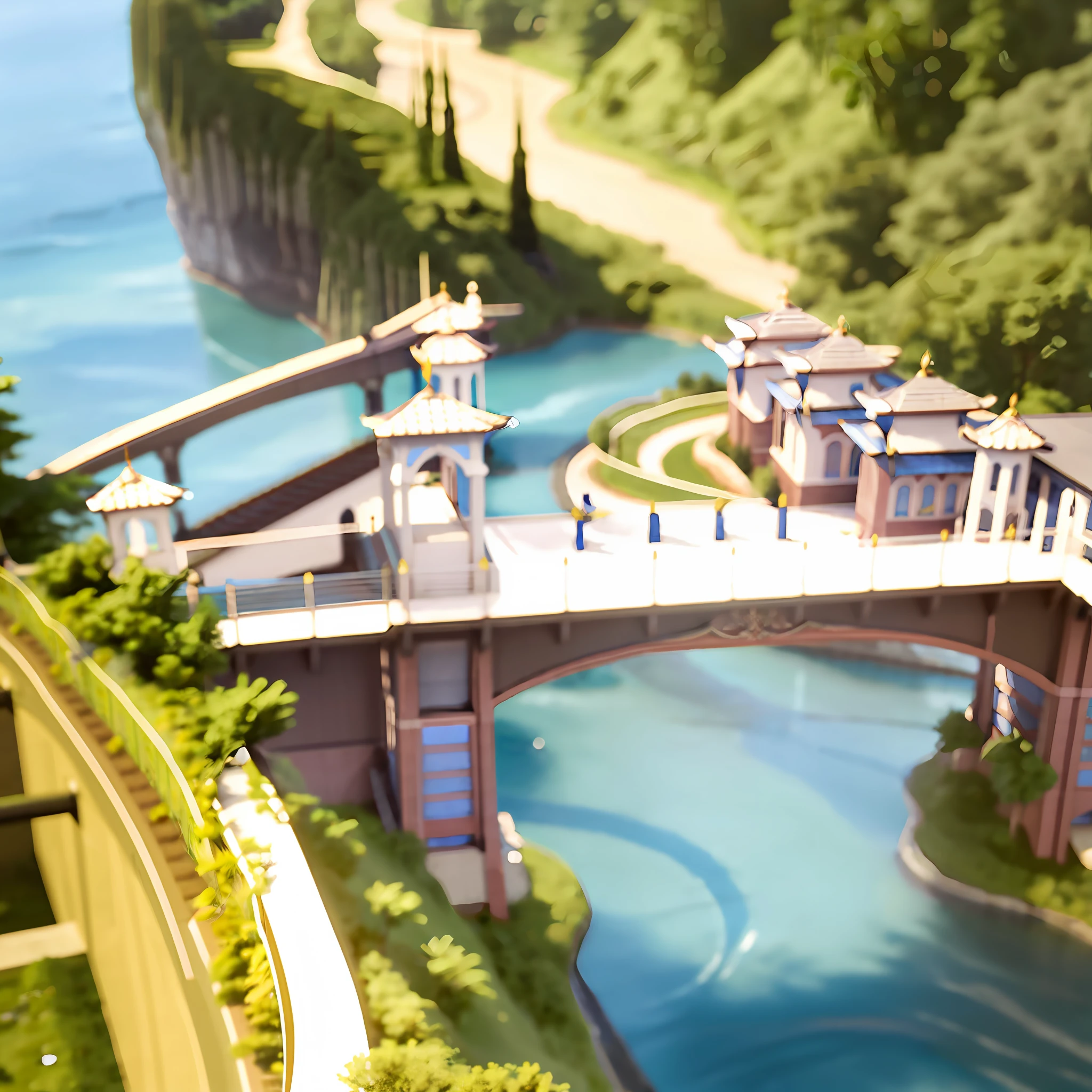 There is a painting，The painting is a bridge over the river, rendering, center of image, panoramicshooting, A digital rendering, Avatar image, wide establishing shot, conceptual rendering, establishing shot, animated still, panoramicshooting, Beautiful image, Artistic interpretation, artist interpretation, tilt shift zaha hadid background, artistic impression, a digital rendering, absolutely outstanding image，Modern bridge，Majestic bridge，Bridge over the water