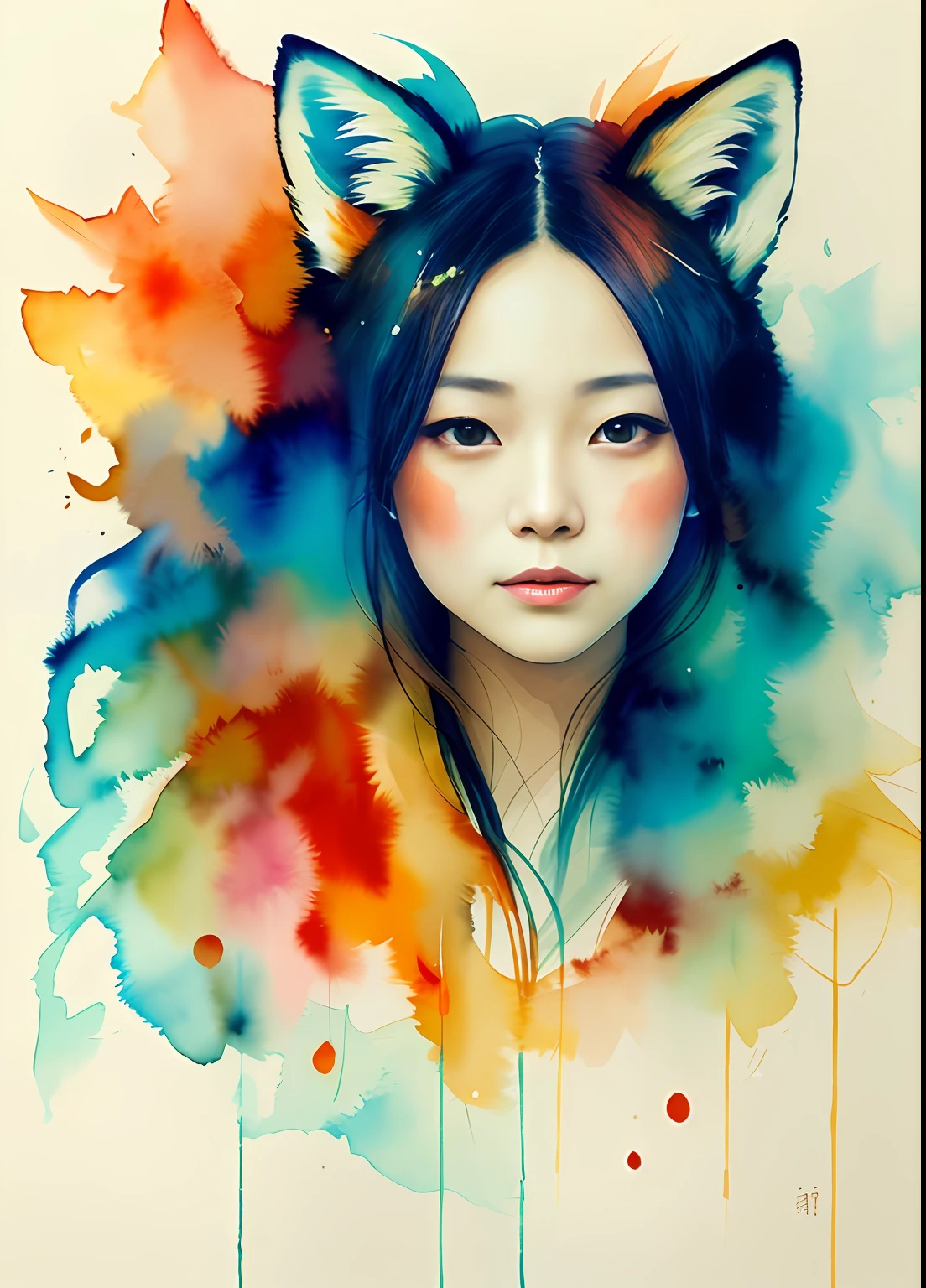 A painting by MSE, A Chinese Woman by Agnes Cecile,(face like fox), (The looming fox's tail), Luminous design,pastelcolor,the watercolor style,Splash ink,Ink drops,Autumn lights