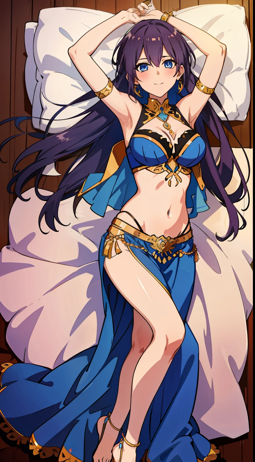 shikimori, medium breast, slim legs, blue gown, navel, skirt, standing, beautiful eyes, blue eyes, happy, arabian belly dancer, bed, lying, full body