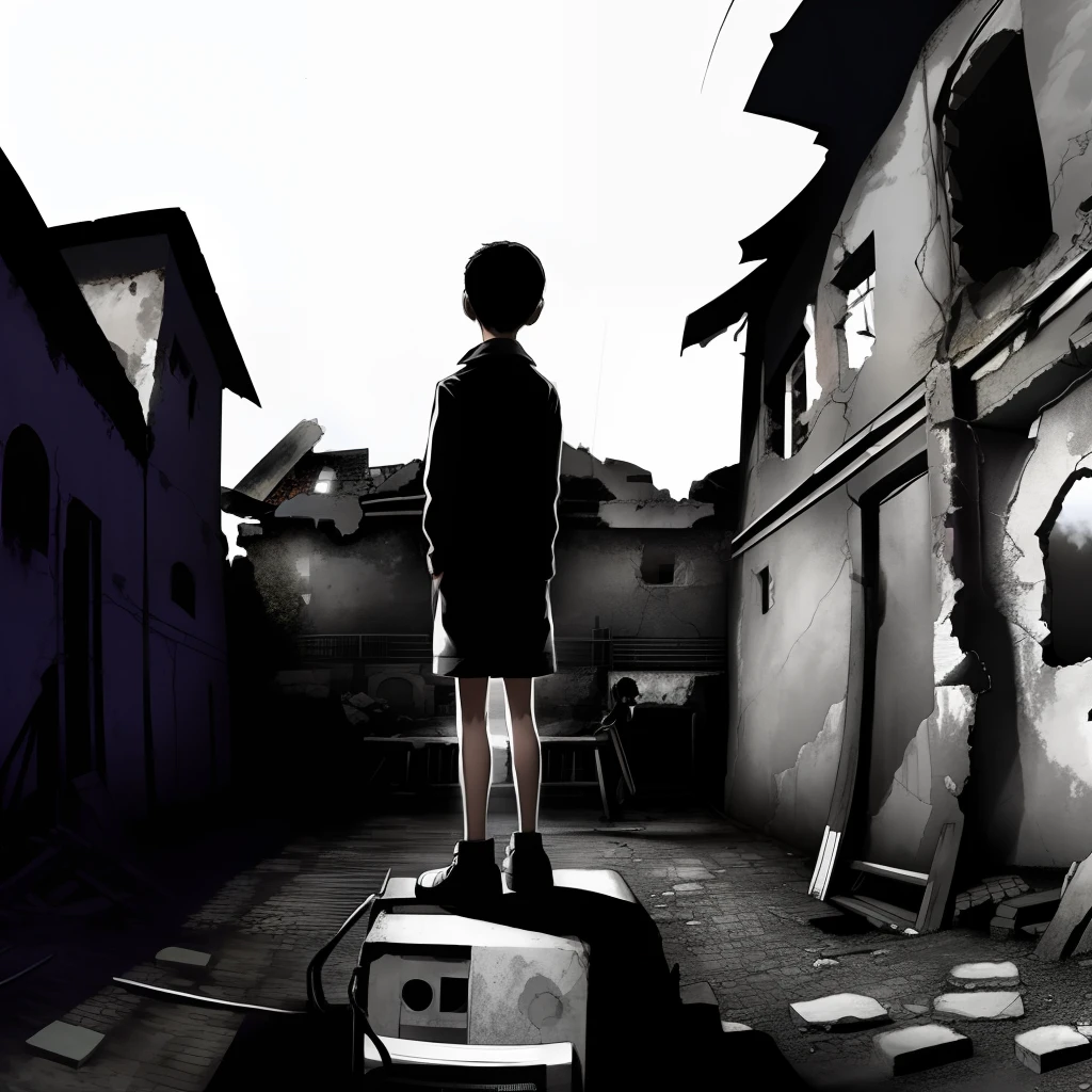 The camera looks up,A child holds his head up and his back to the camera,Stand above the ruins of the city