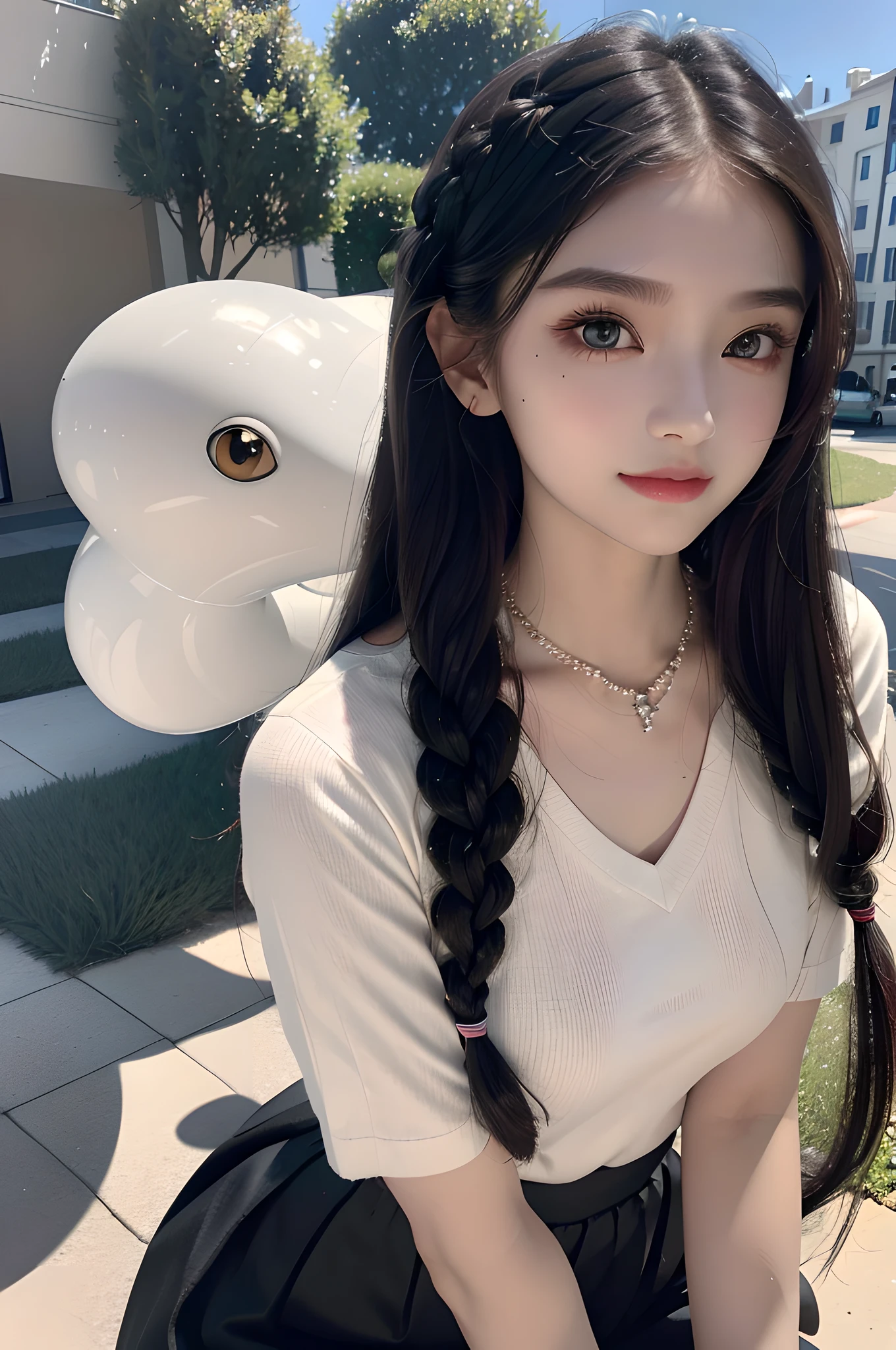Realism, 18 years old beautiful and cute girl, masterpiece, best quality, crystal necklace, a delicate and beautiful girl, big eyes with a god, long eyelashes, beautiful pupils, sweet eyes with lying silkworms, sweet smile, (face filling), outdoor, sexy girl with S-shaped body, smooth wavy braids, (petite), tight shirt, pleated skirt,
