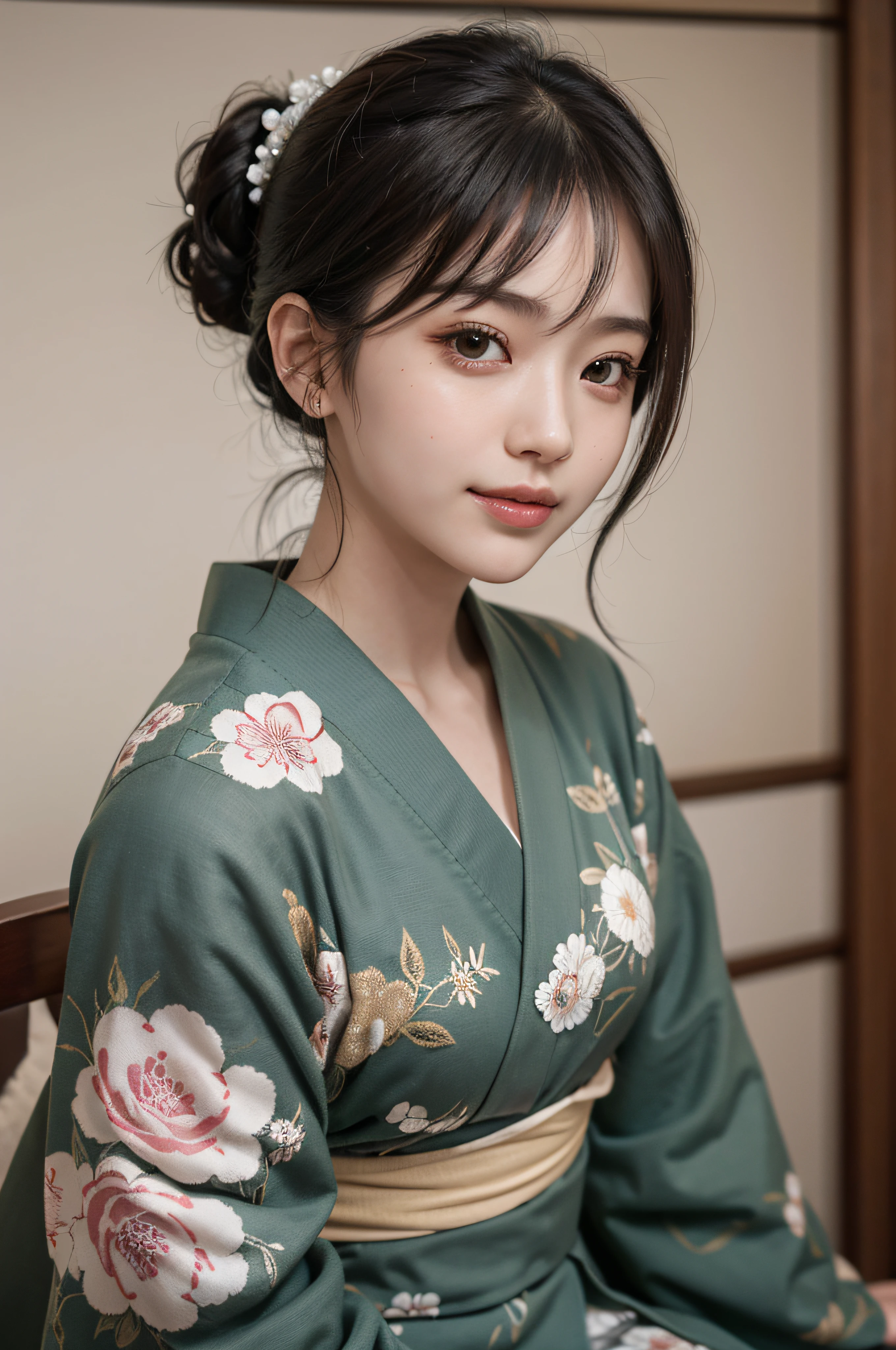 (Photorealsitic:1.4), (Top image quality:1.0), (超A high resolution:1.0), 8K, Raw photography, (masterpiece:0.2), (pureerosface_v1:0.5)、(Best Quality Detail:1.2)、realisitic、8K UHD、hight resolution、(1girl in:1.2)、The ultra-detailliert、High quality textures、intricate detailes、detaileds、Very detailed CG、High quality shadows、Detail Beautiful delicate face、Detail Beautiful delicate eyes、depth of fields、Ray traching,1girl in, japanaese girl, Cute, slender, Black kimono, Kimono with Japanese pattern,Floral scrunchie, Beautiful skin, Facing the front,Sit down, Sit upright and say thank you,Align your hands elegantly,Smile faintly The Land of Japan,Japanese garden,Luxury Japanese-style room, skyporn, Magic Hour, (Realistic:1.3), Finely detailed, quality, (masutepiece:1.2), (Photorealistic:1.2), (Best Quality), (Intricate details), Dramatic, Ray tracing, photograph, +Lola