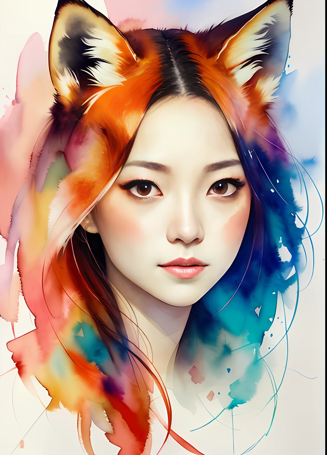 A painting by MSE, A Chinese Woman by Agnes Cecile，(face like fox), (fox's tail gleaming in the picture's background), Luminous design，pastelcolor，the watercolor style，Splash ink，Ink drops，Autumn lights