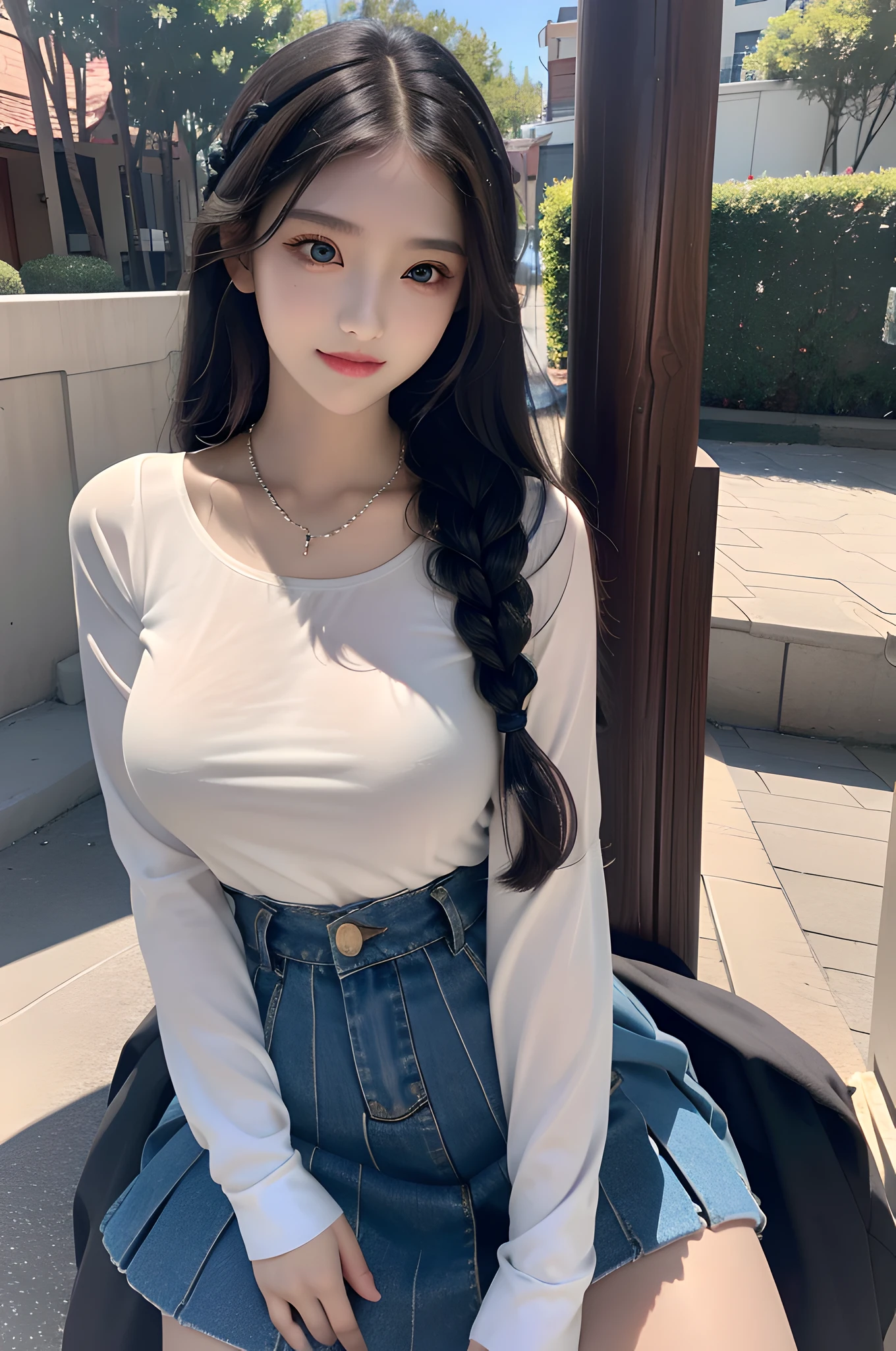 Realism, 18 years old beautiful and cute girl, masterpiece, best quality, crystal necklace, a delicate and beautiful girl, big eyes with a god, long eyelashes, beautiful pupils, sweet eyes with lying silkworms, sweet smile, (face filling), outdoor, sexy girl with S-shaped body, smooth wavy braids, (petite), tight shirt, pleated skirt,